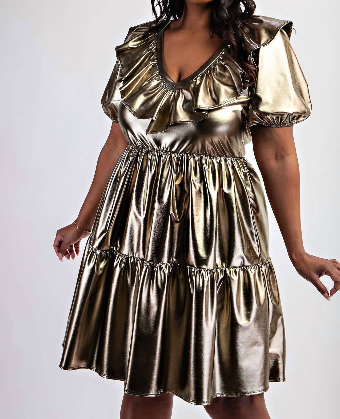 The Curve La - Plus Size Faux Leather Tiered Puff Sleeve Short Dress