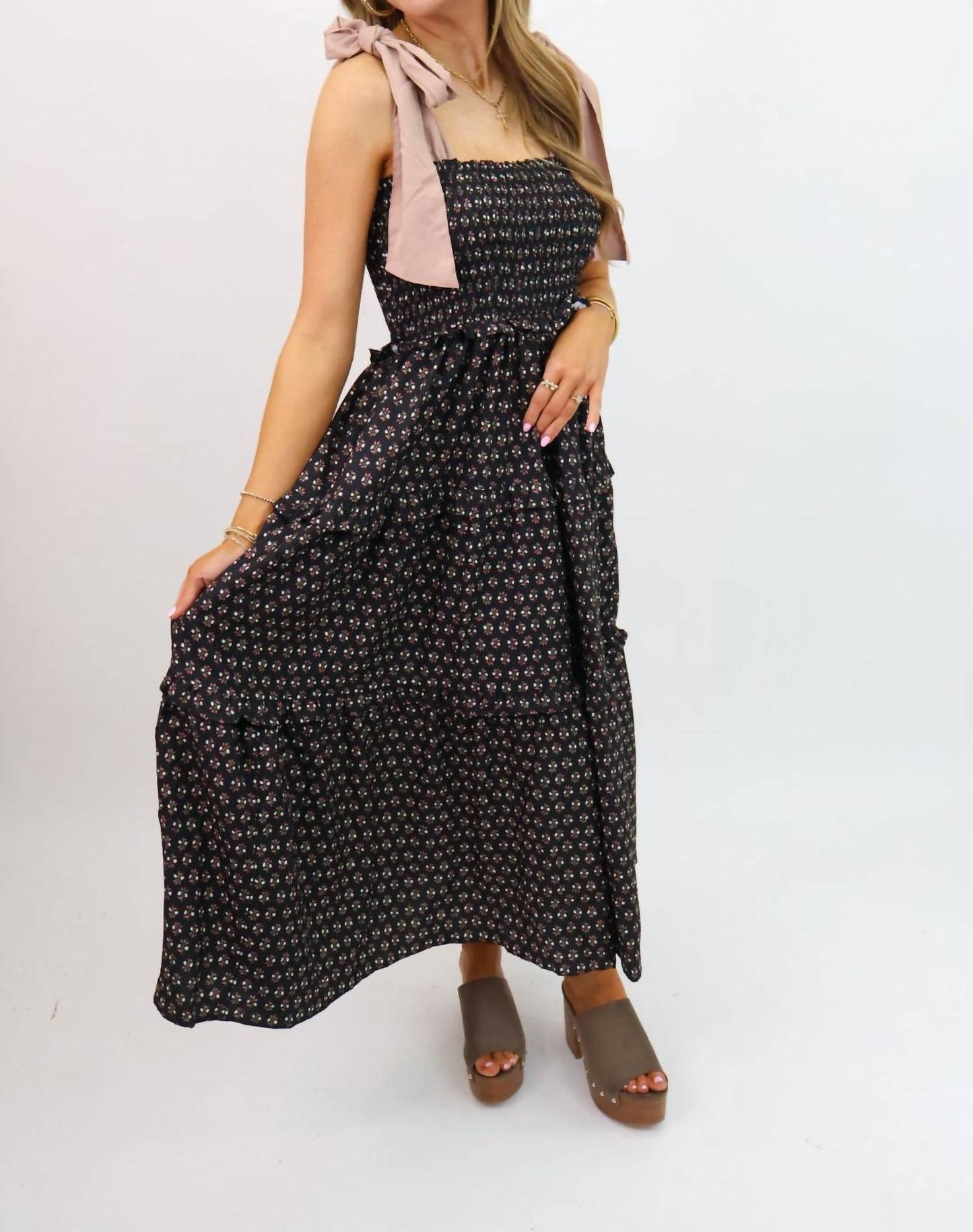 Entro - Floral Print Midi Dress With Pink Shoulder Ties