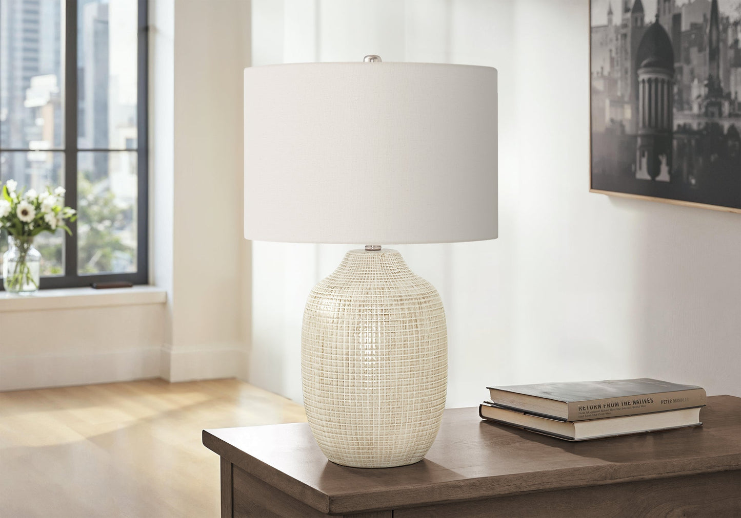 Contemporary 26"h Cream Ceramic Table Lamp with Ivory Shade