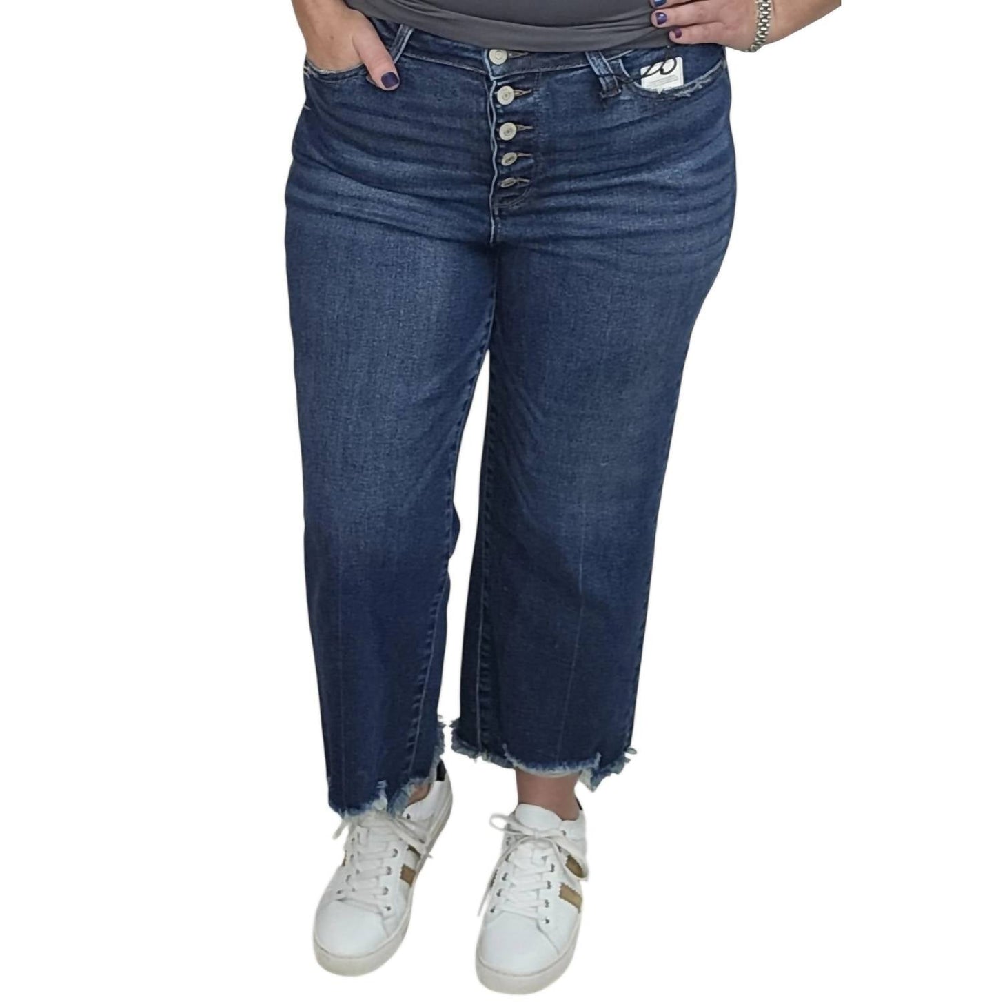 Judy Blue - Women's High Waist Button Fly Distressed Hem Crop Jeans