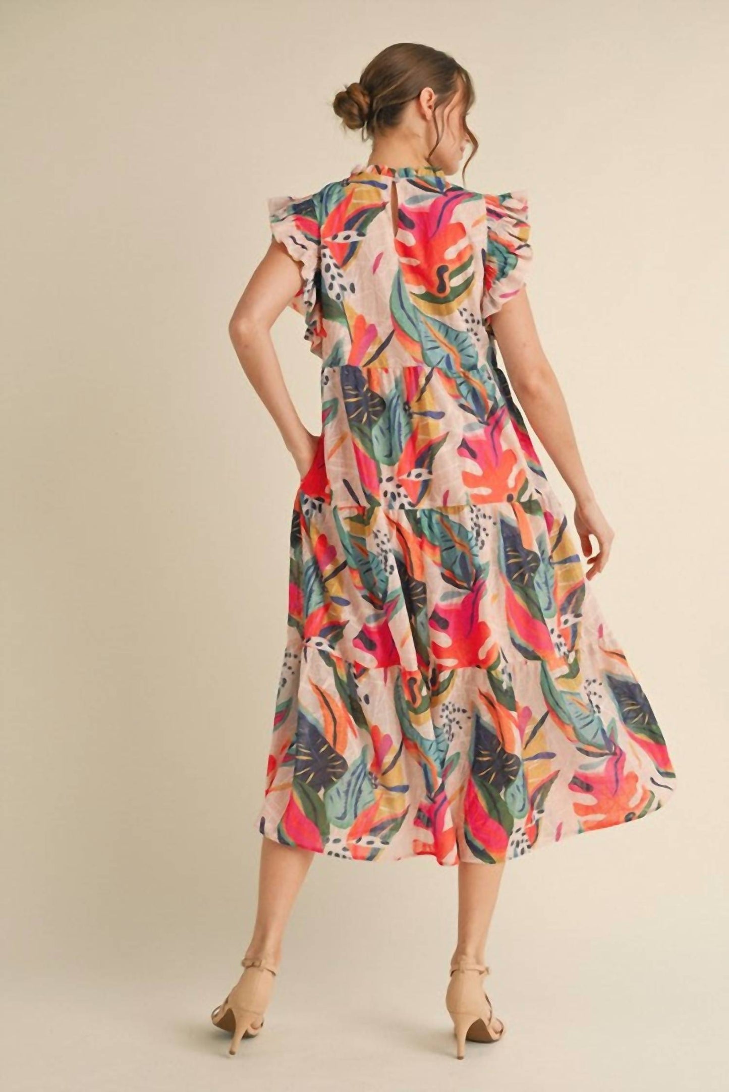 Jodifl - Tropical Print Ruffle Sleeve Midi Dress
