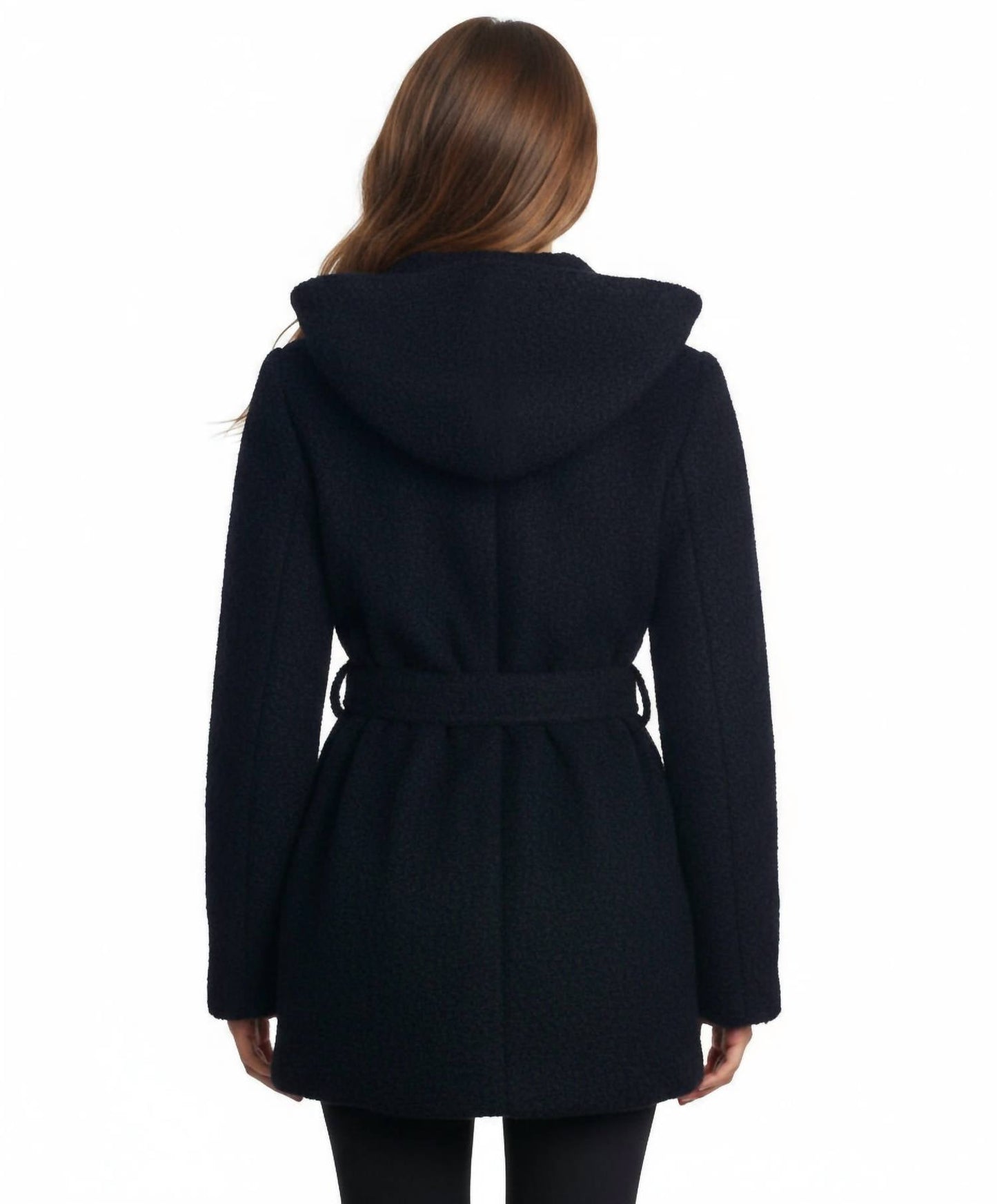 Coffeeshop - Hooded Boucle Coat With Waist Tie