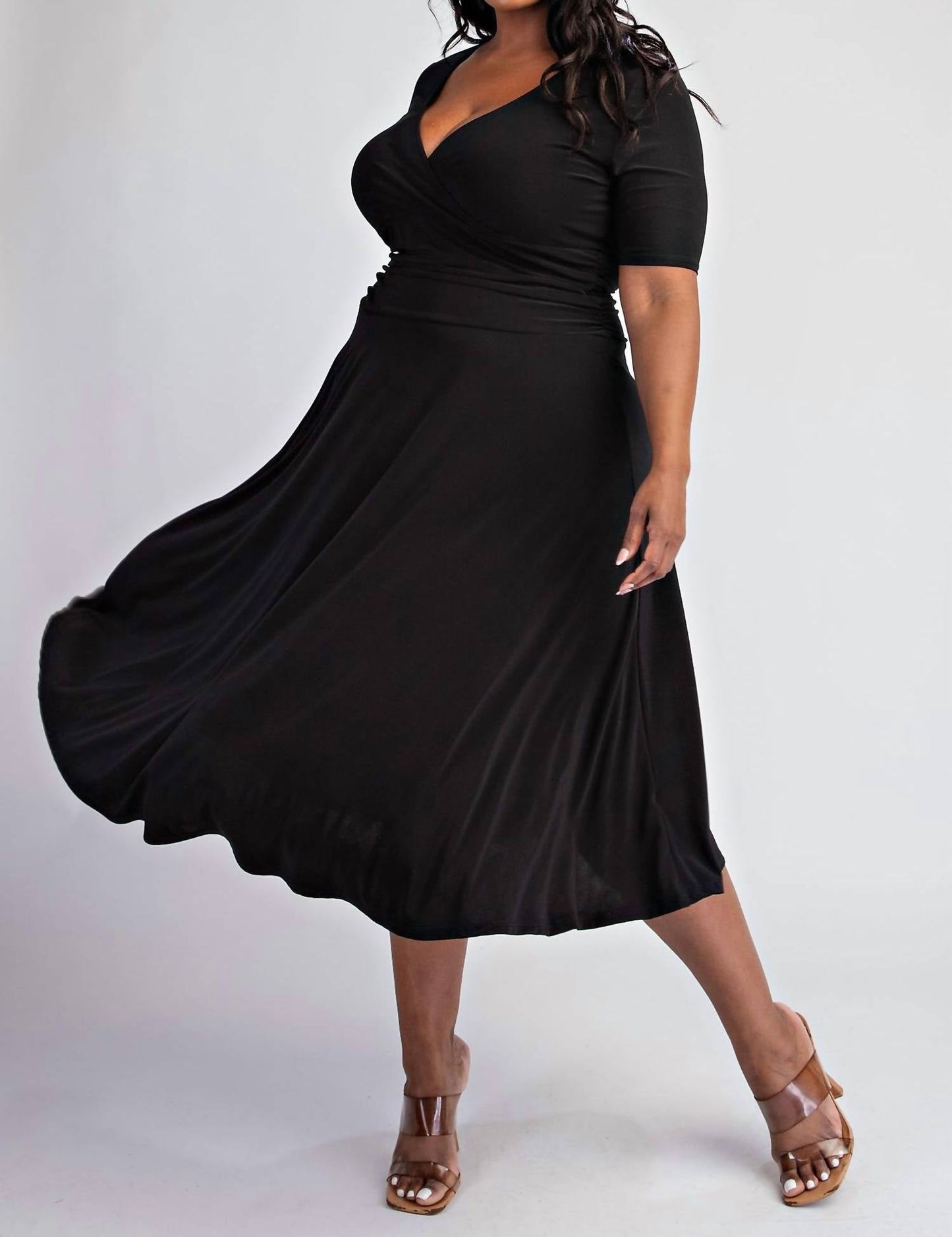 The Curve La - Plus Size Knit Surplice Midi Dress With Full Skirt