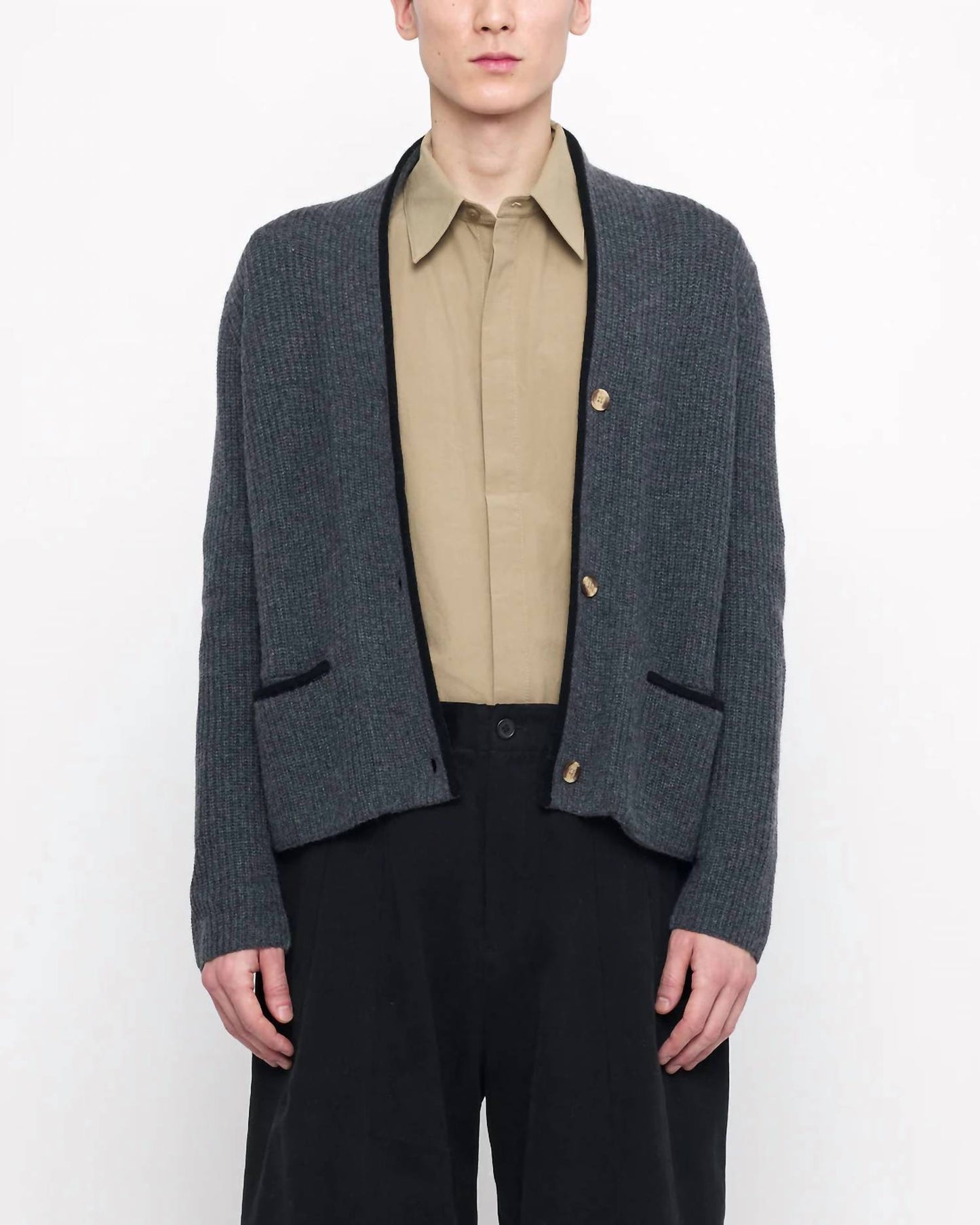 7115 By Szeki - V-neck Pockets Trimmed Cardigan