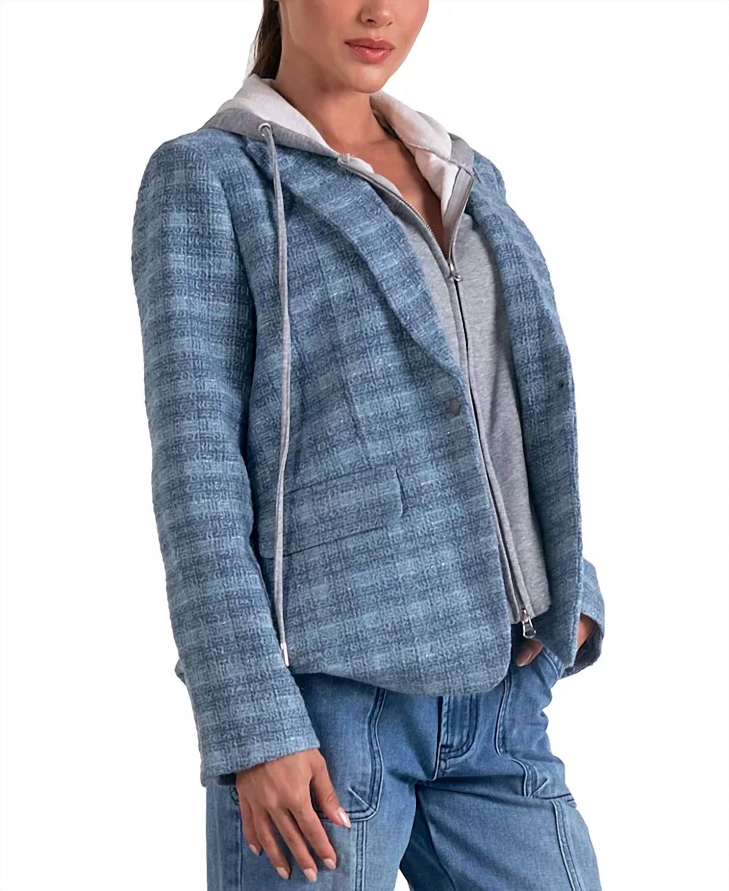 Elan - Plaid Long-Sleeve Layered Blazer Hoodie