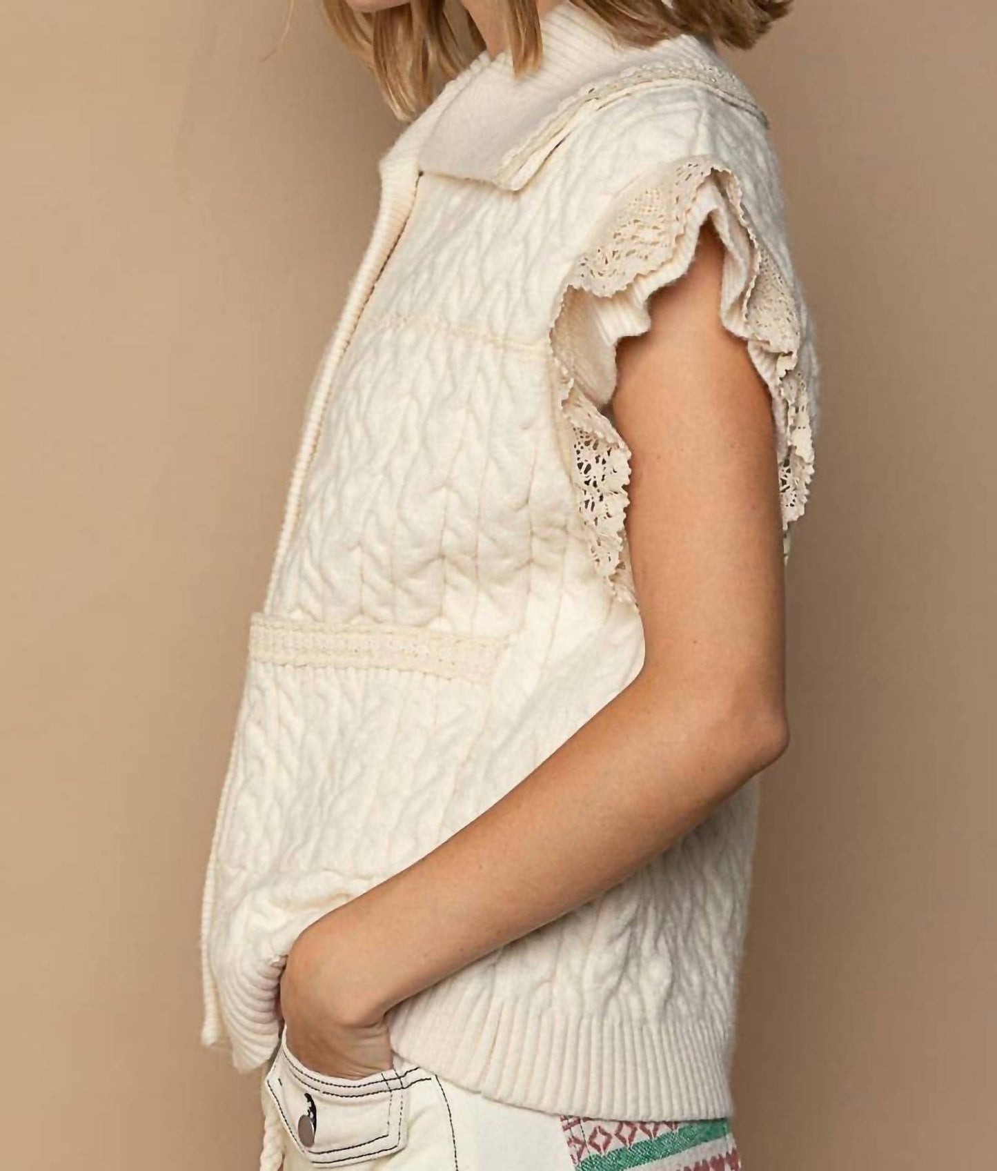 Pol - Crochet Button Down Lace Trim Sweater Vest