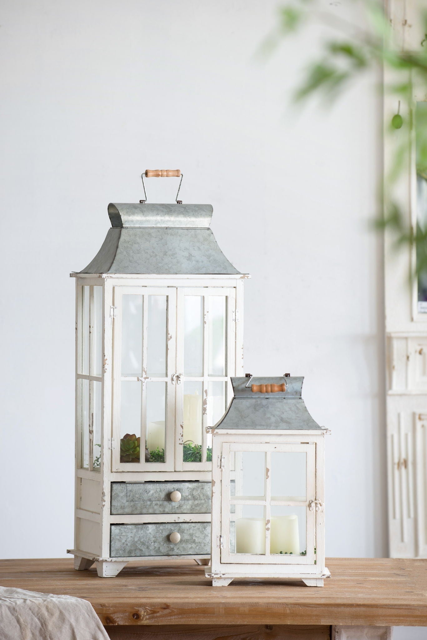 Wooden Candle Lantern Decorative Hurricane Holder - Ivory