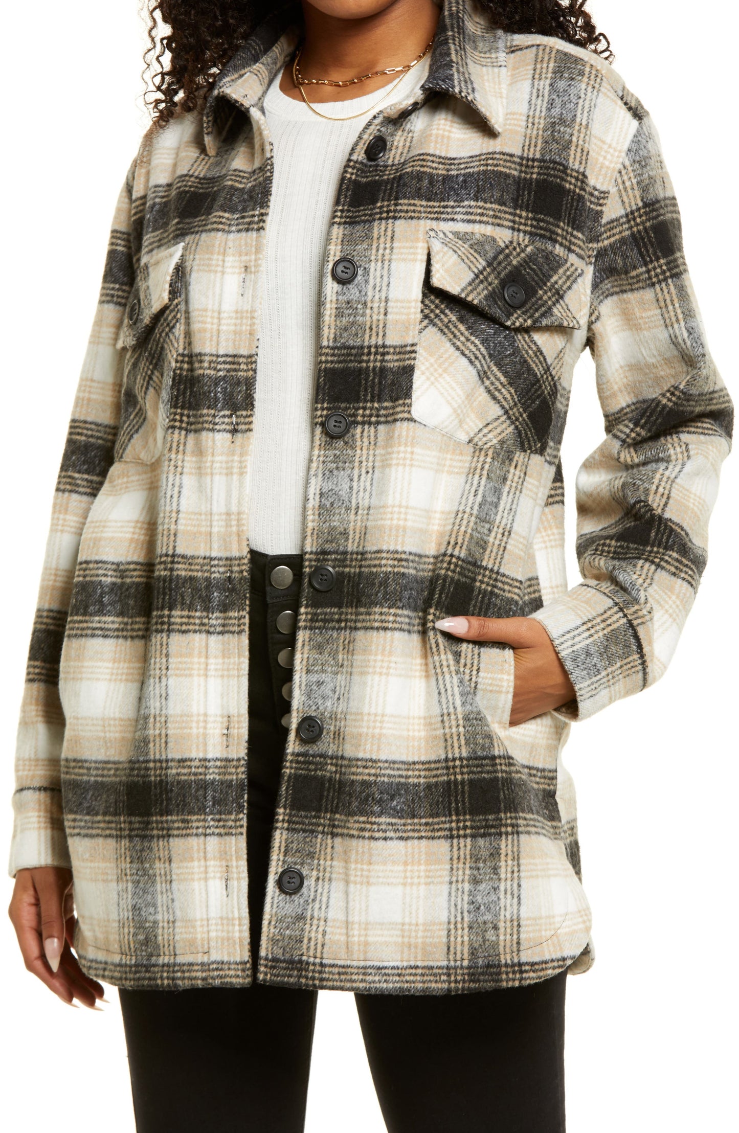 Thread & Supply Shirt Jacket in Black Tan Plaid, Size X-Small