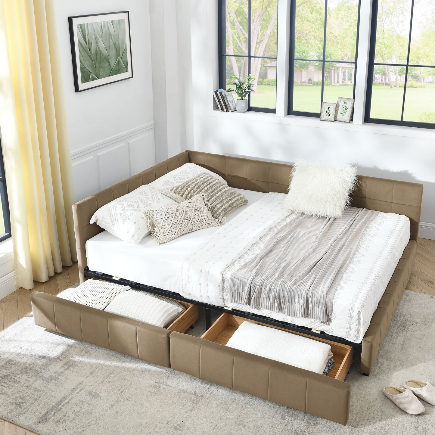 Mid-Century Storage Upholstered Tufted Bed Frame with Backrest and Armrests