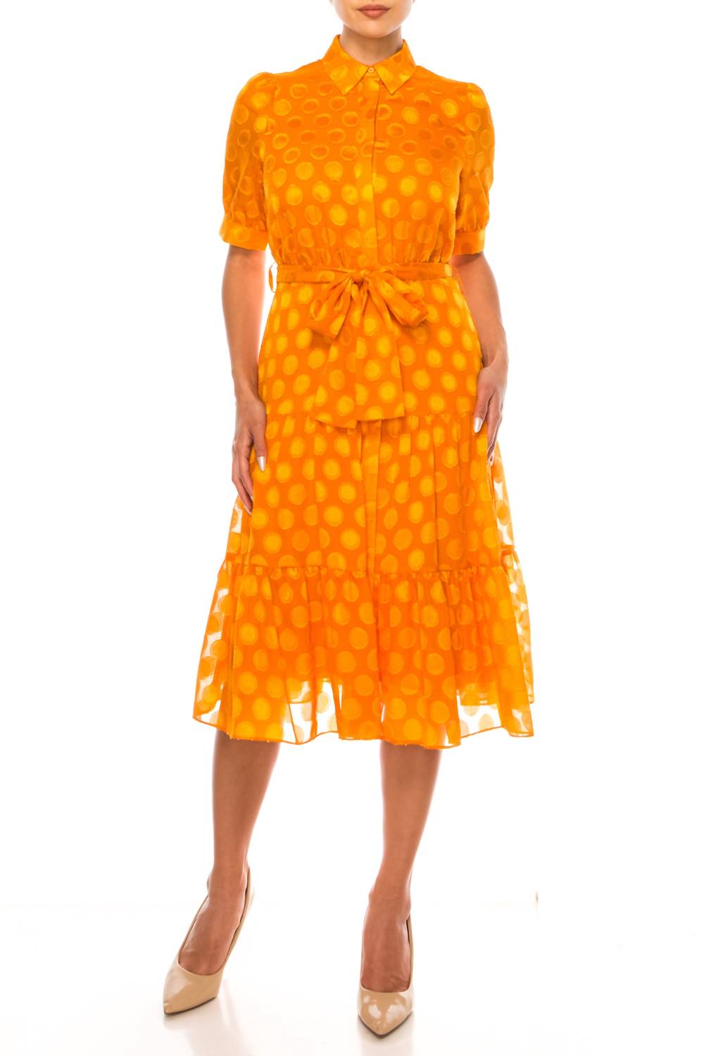 Nicole Miller - Dotted Collared Belted Shirt Dress