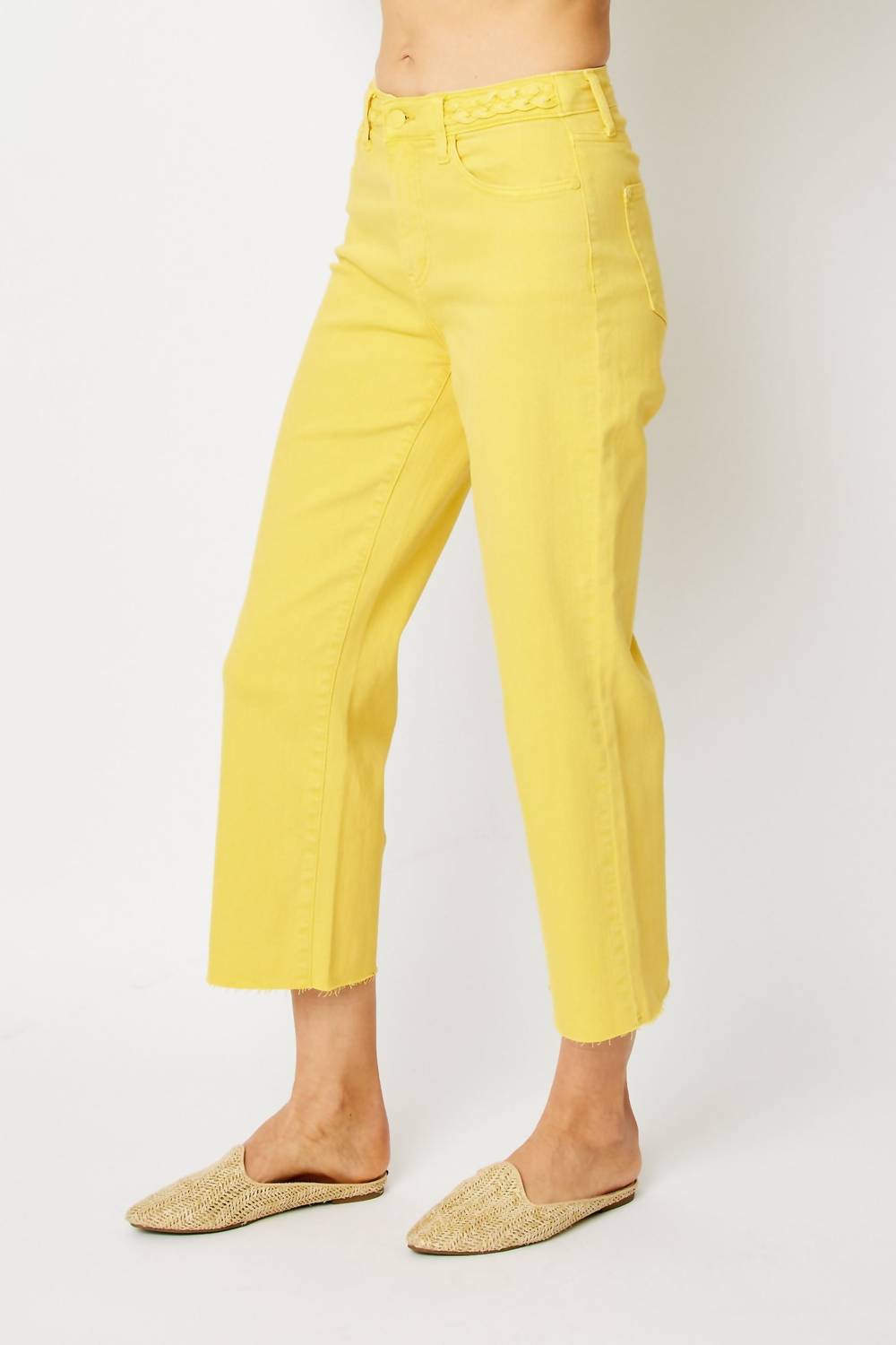 Judy Blue - High Waist Braided Waistband Wide Leg Crop Denim Jeans