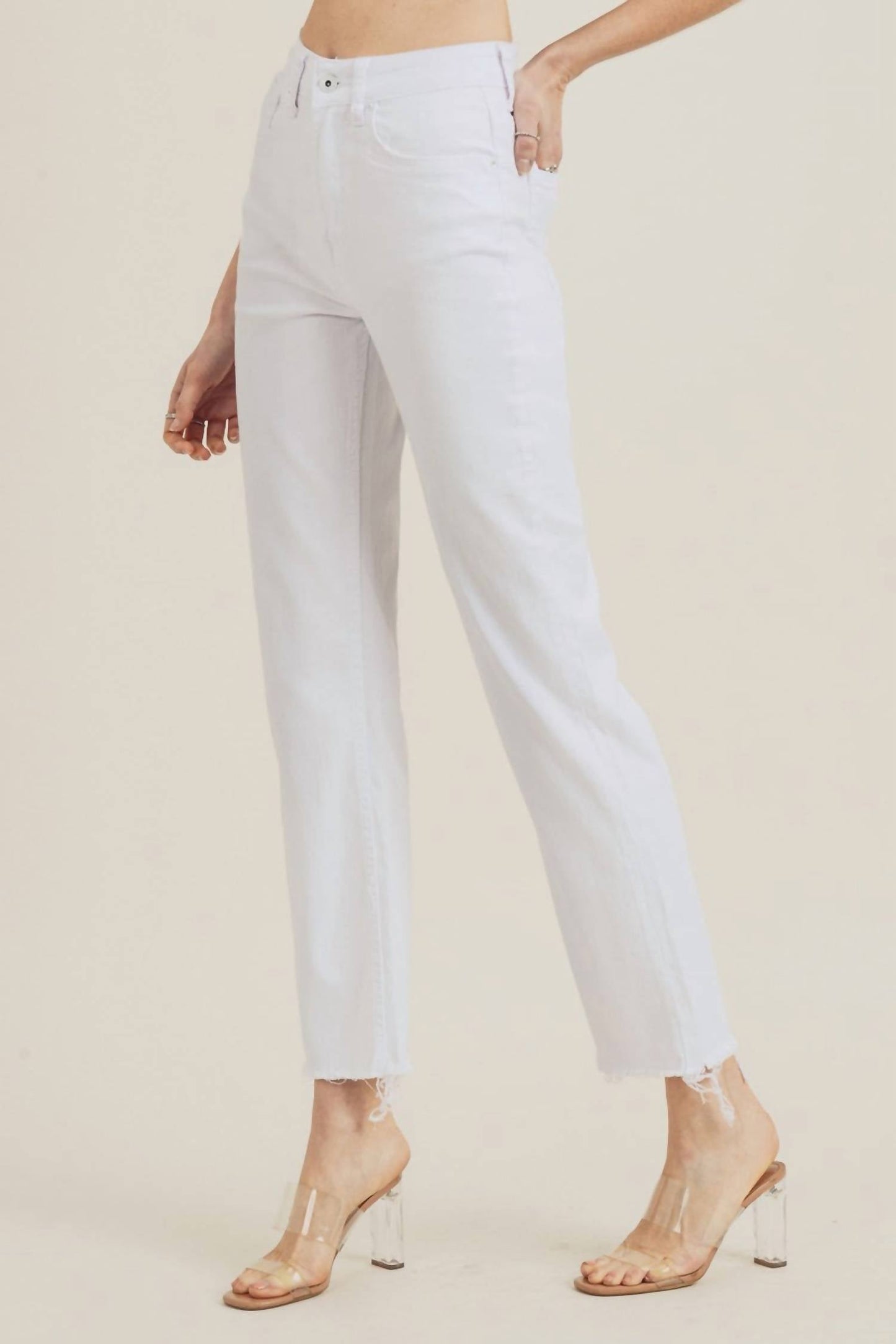 Risen - High Rise Raw Hem Straight Leg Jeans