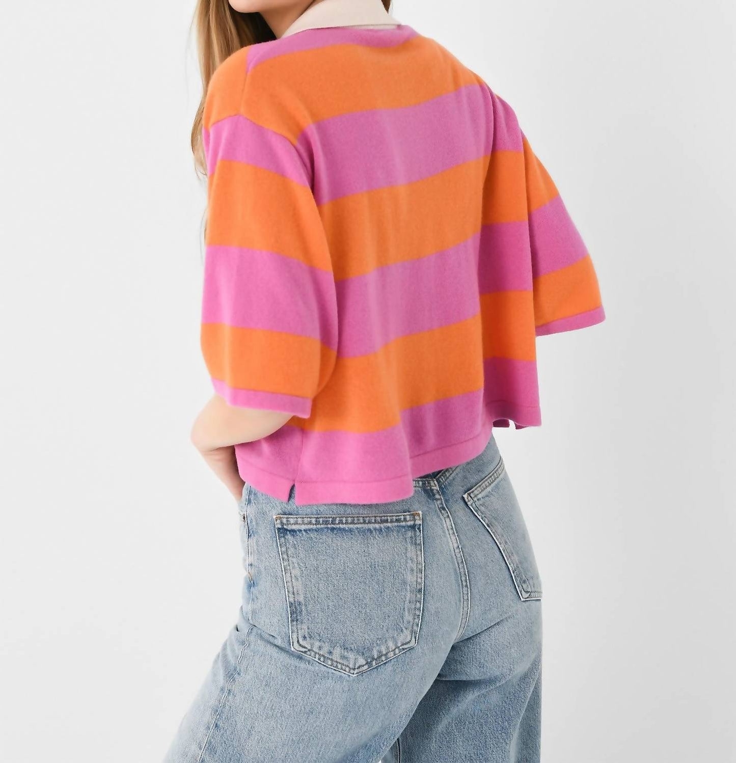 White + Warren - Cashmere Cropped Striped Polo Sweater