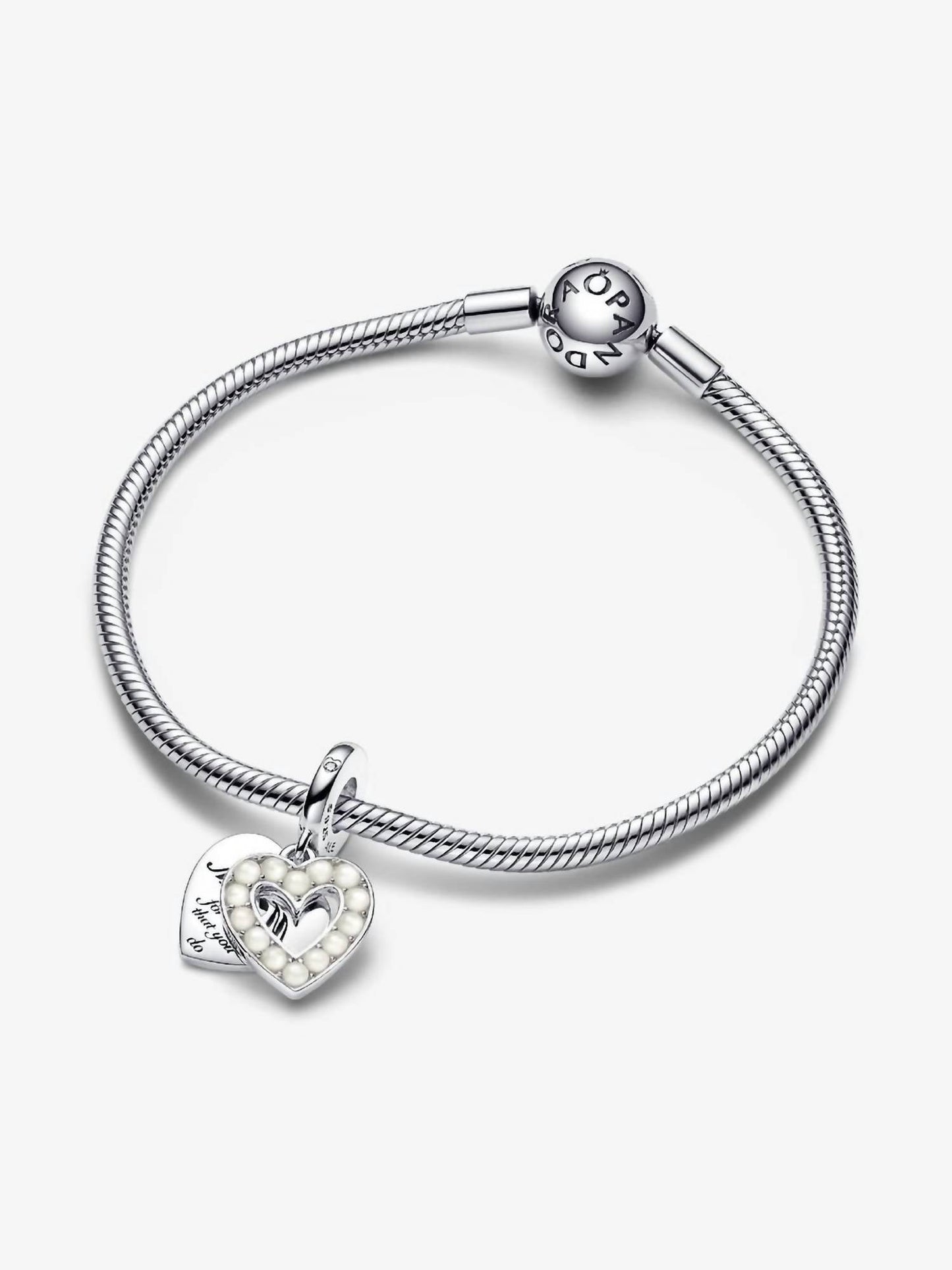 Pandora - Pearlescent White Heart Double Dangle Charm Sterling silver charm only