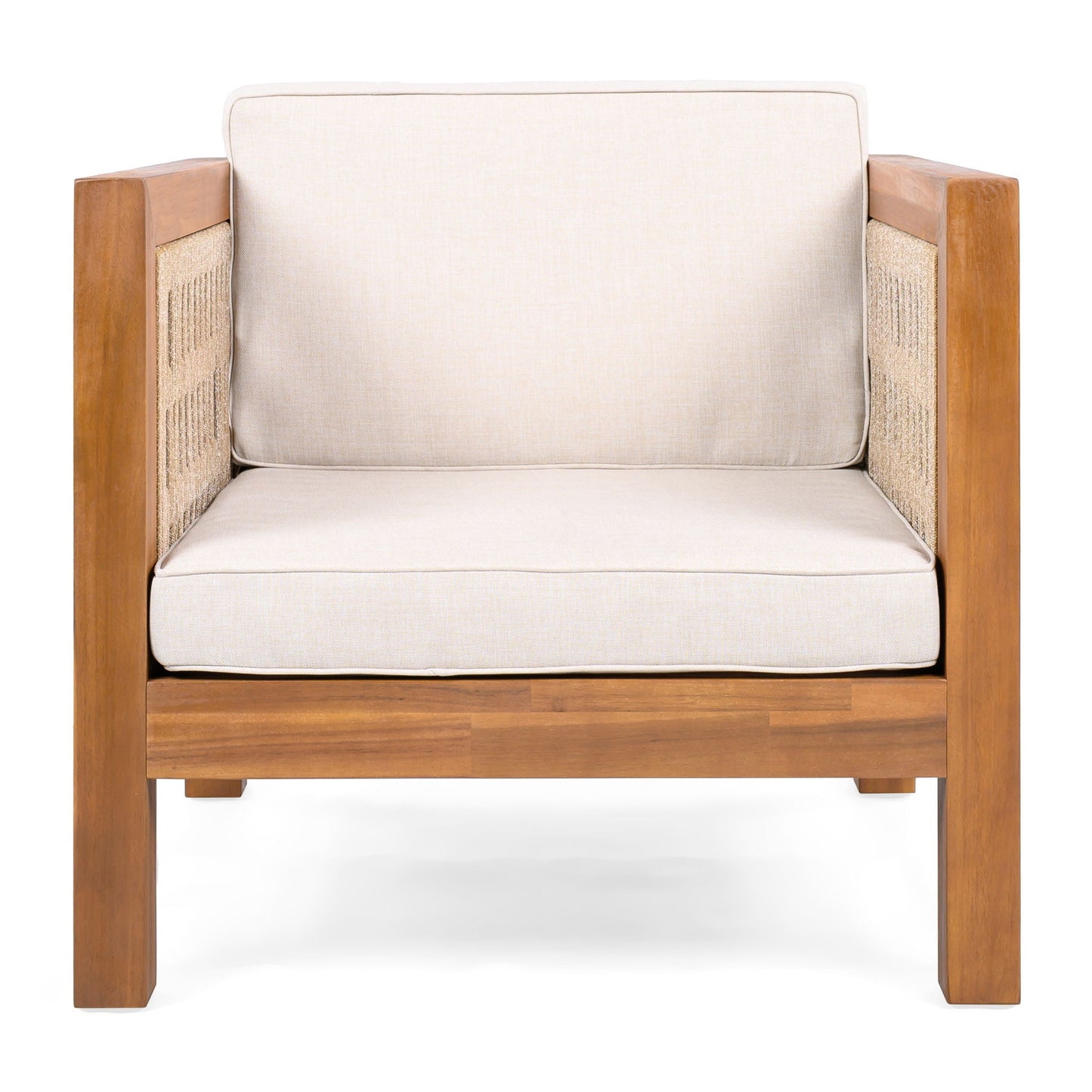 Outdoor Club Chair with Rope Arm and Cushions - Beige / Teak