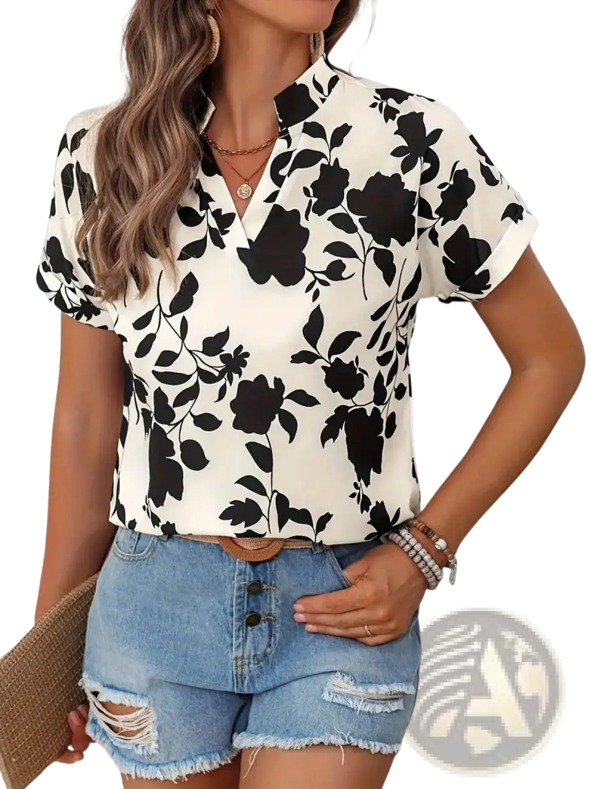 Abstract Print V-neck Stretch Satin Blouse