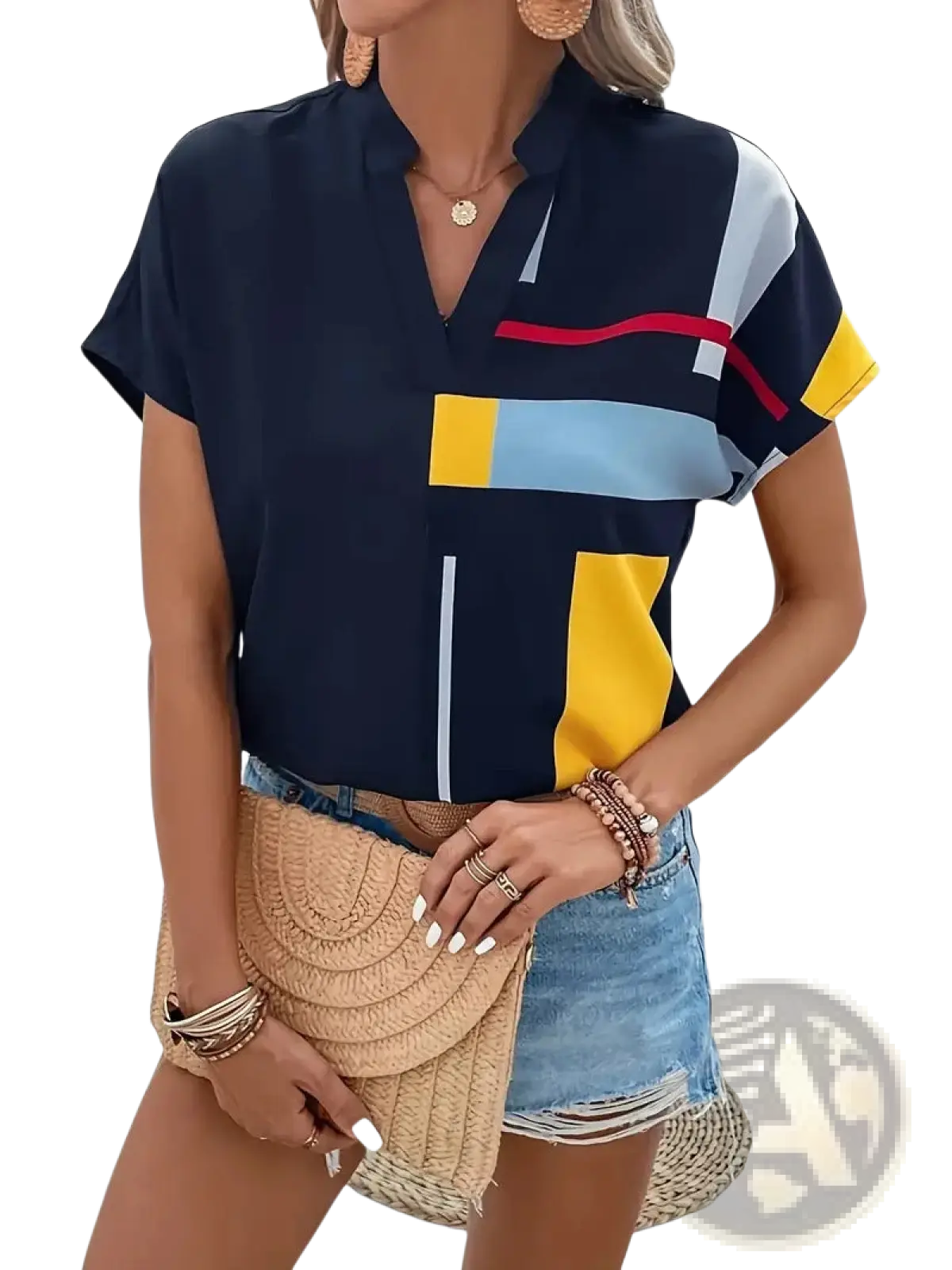 Abstract Print V-neck Stretch Satin Blouse