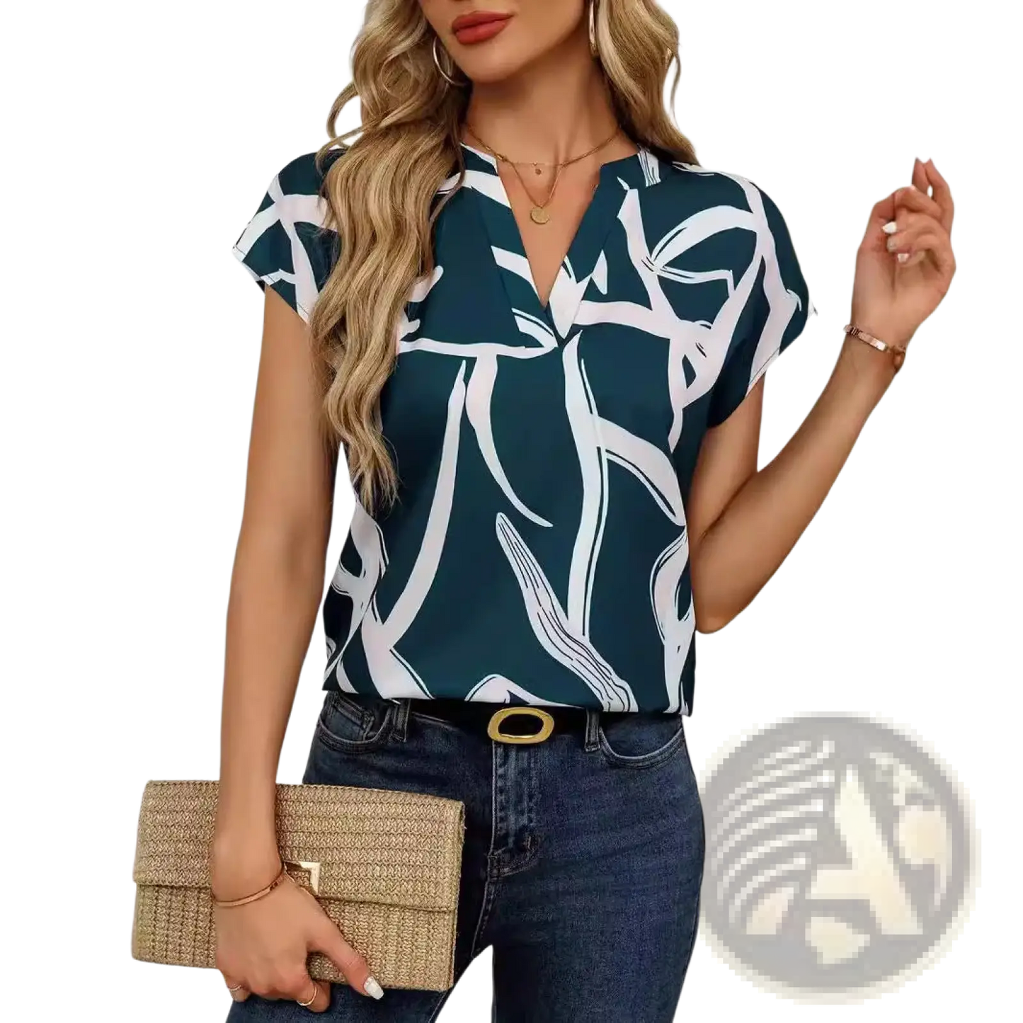 Abstract Print V-neck Stretch Satin Blouse