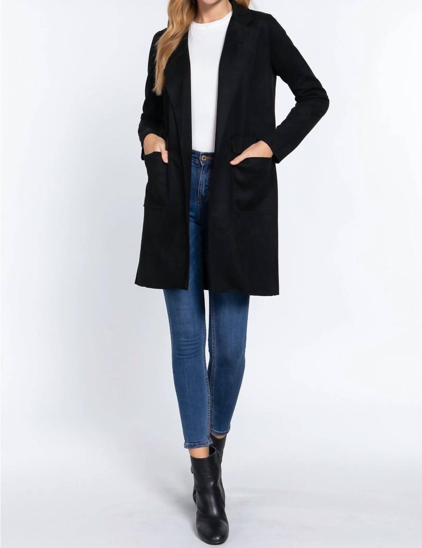Active Basic - Long Sleeve Open Front Faux Suede Jacket