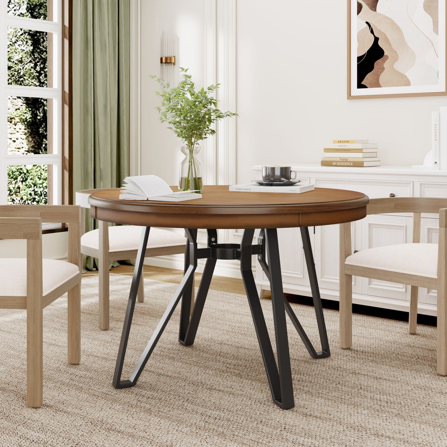 Mid Century Modern Round Dining Table with Metal Legs and Open Shelf