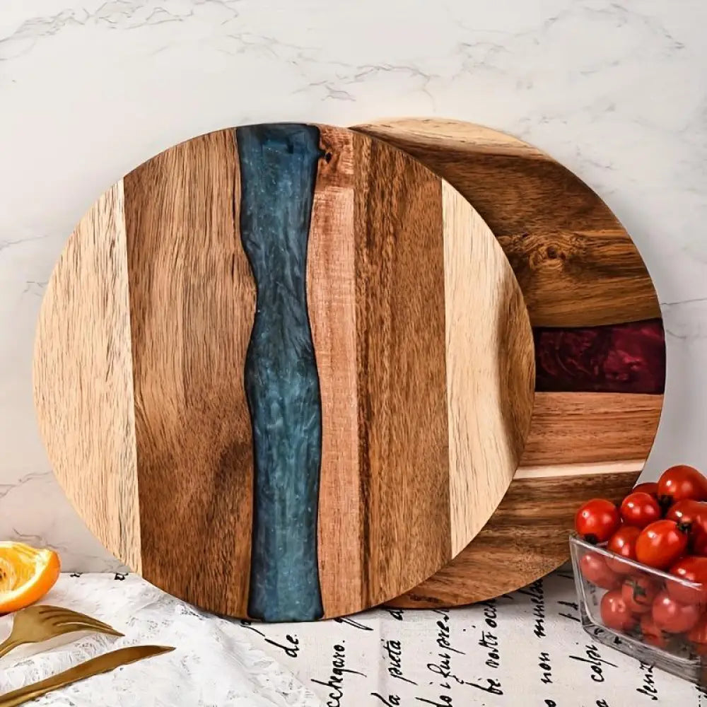 Teal Resin River Round Wooden Charcuterie Board