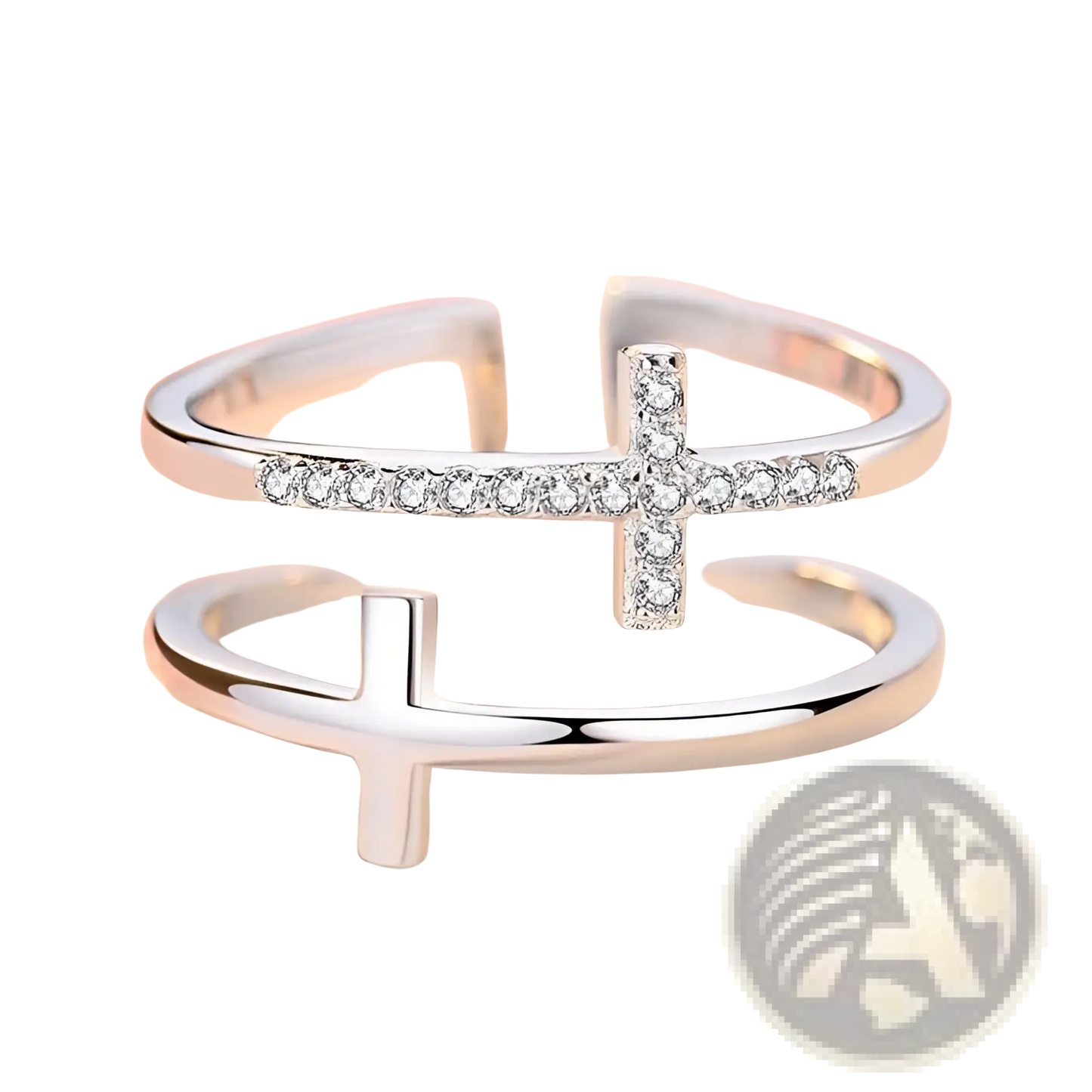 Adjustable Double Cross Zircon Inlaid Silver Ring