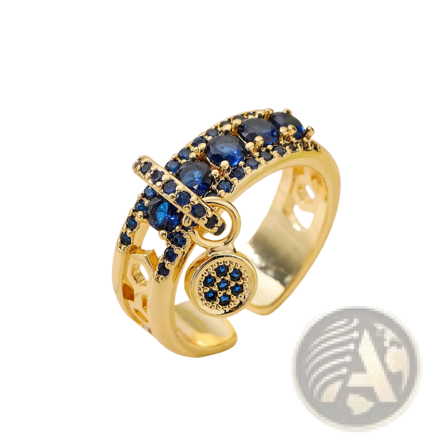 Adjustable Geometric Gold Open Ring with Blue Zircon Charms