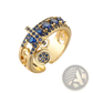 Adjustable Geometric Gold Open Ring with Blue Zircon Charms