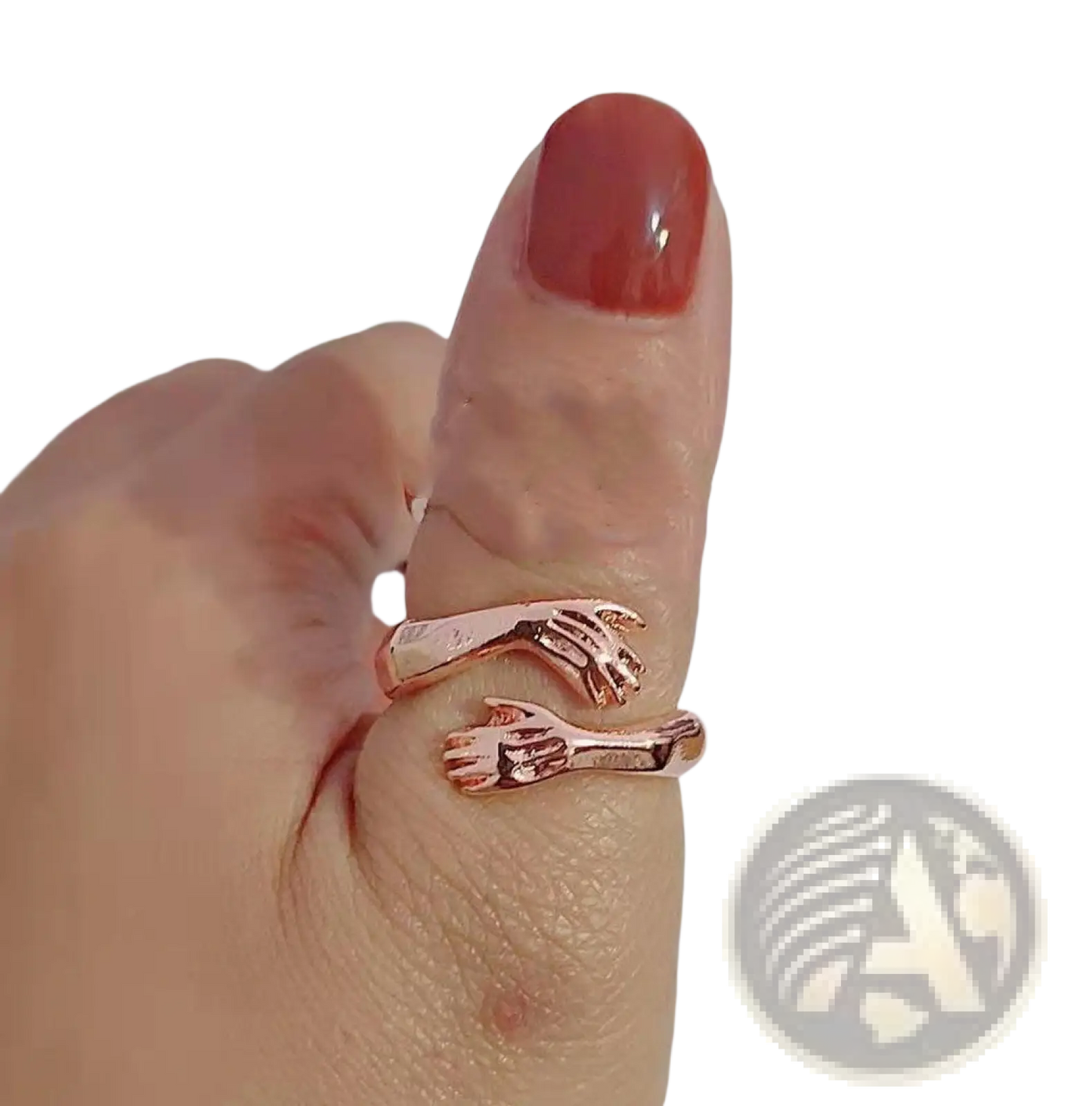 Adjustable Silver Hands Embracing Ring with Red Gemstone