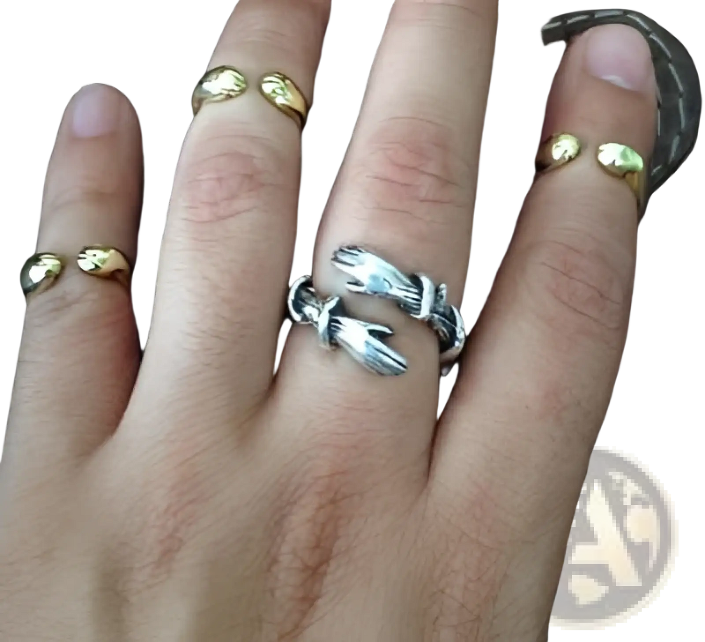 Adjustable Silver Hands Embracing Ring with Red Gemstone