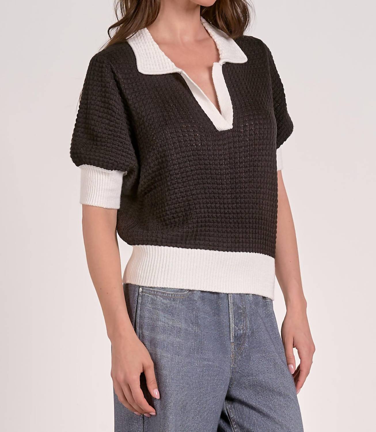 Elan - Clara Collared Elbow Sleeve Sweater