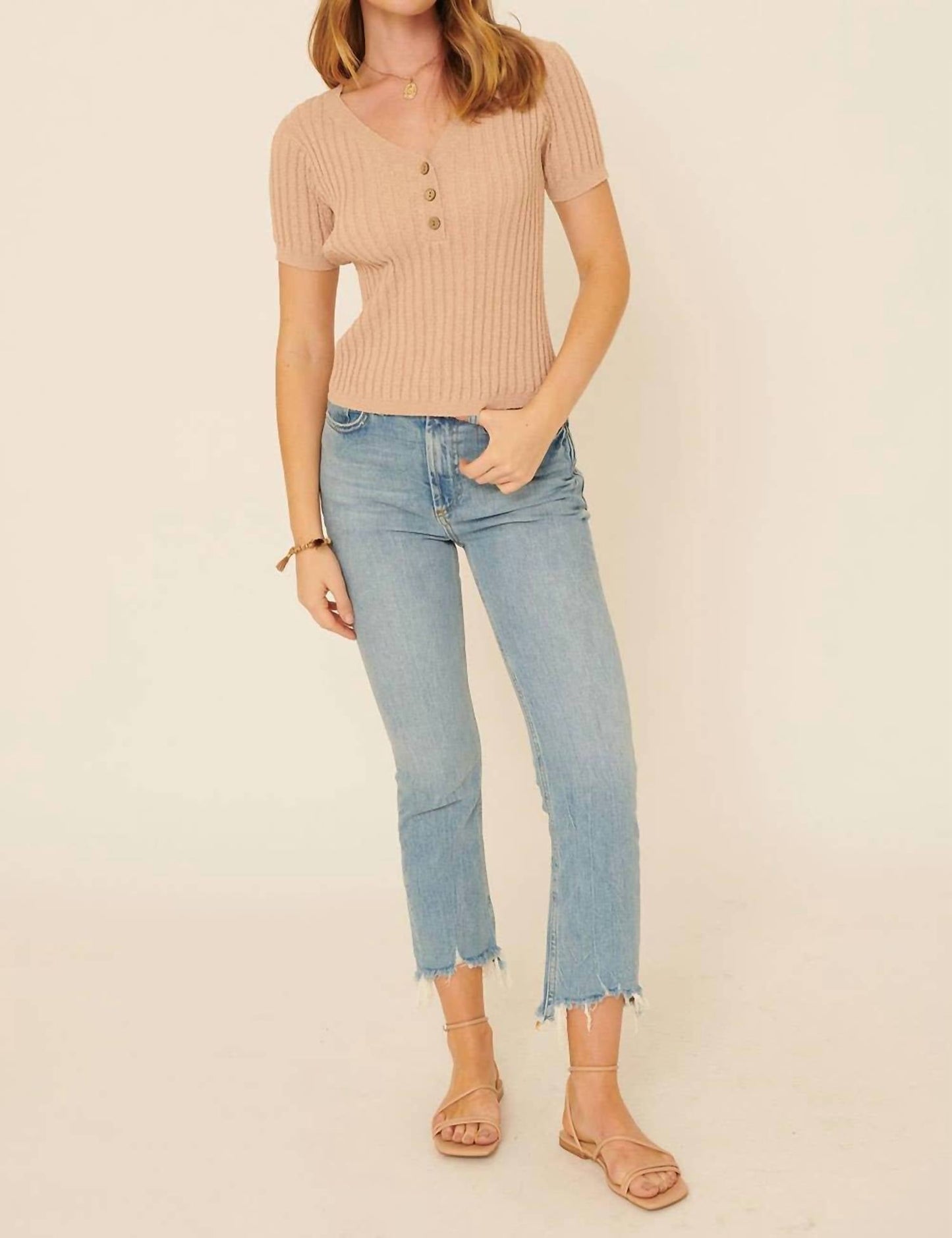 Promesa - Ribbed Knit V Neck Button Front Sweater Top