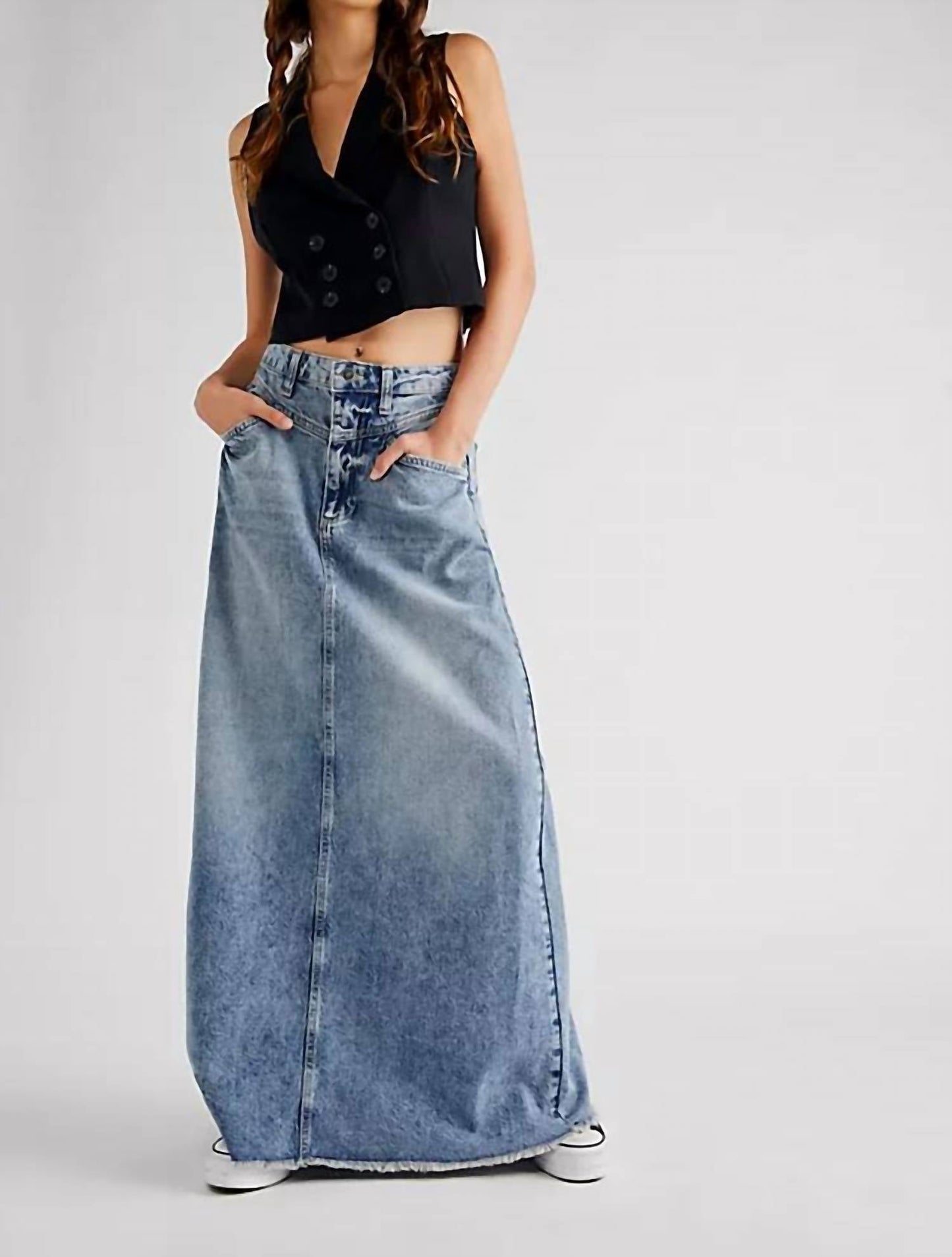 Free People - Come As You Are Denim Maxi Skirt in Medium Indigo