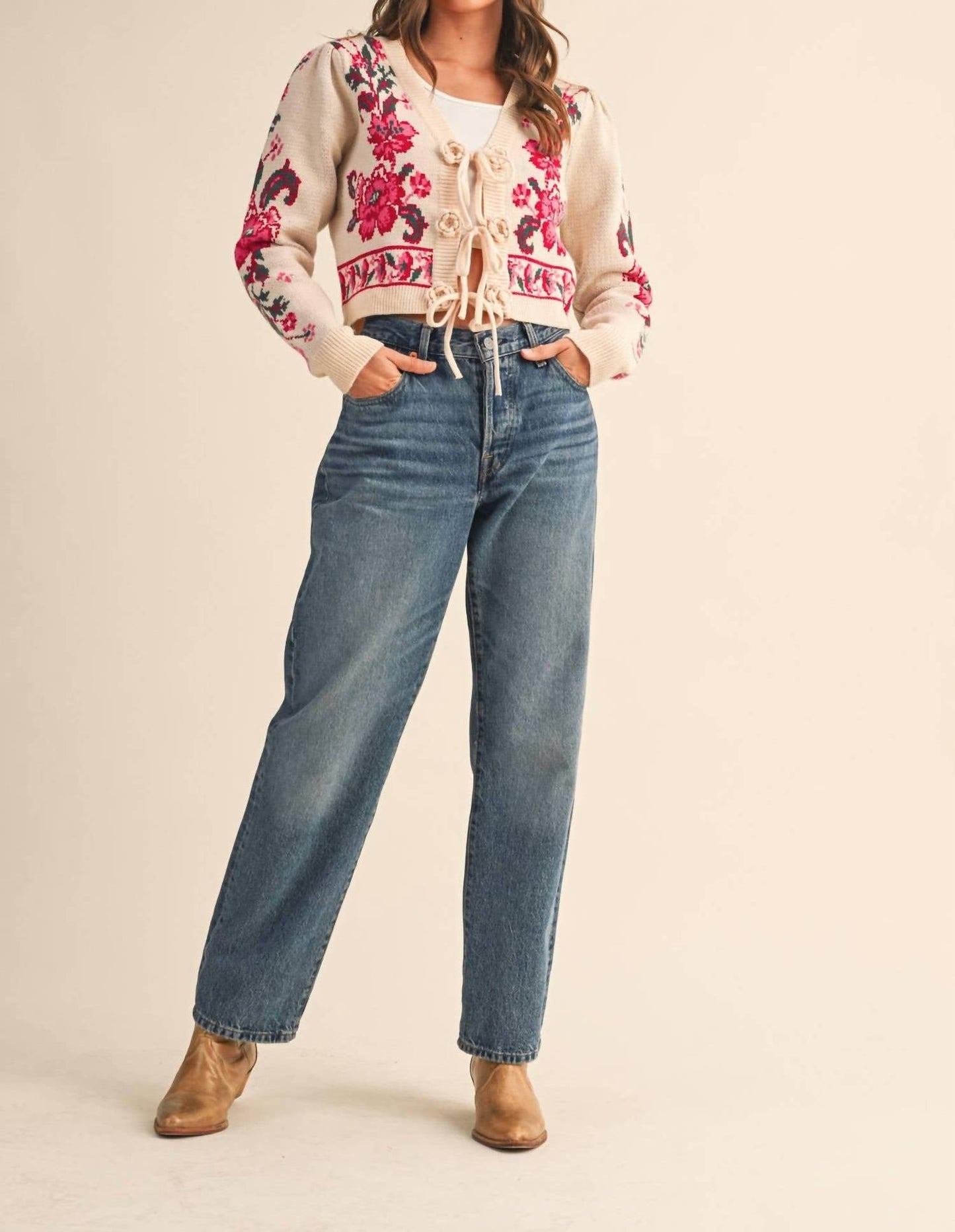 &Merci - Floral Knit Tie-front Sweater Cardigan