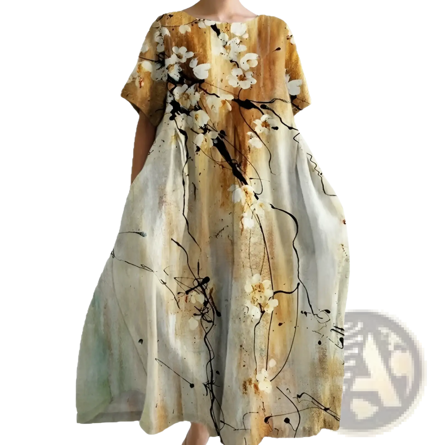 Artistic Printed Loose Linen Maxi Dress