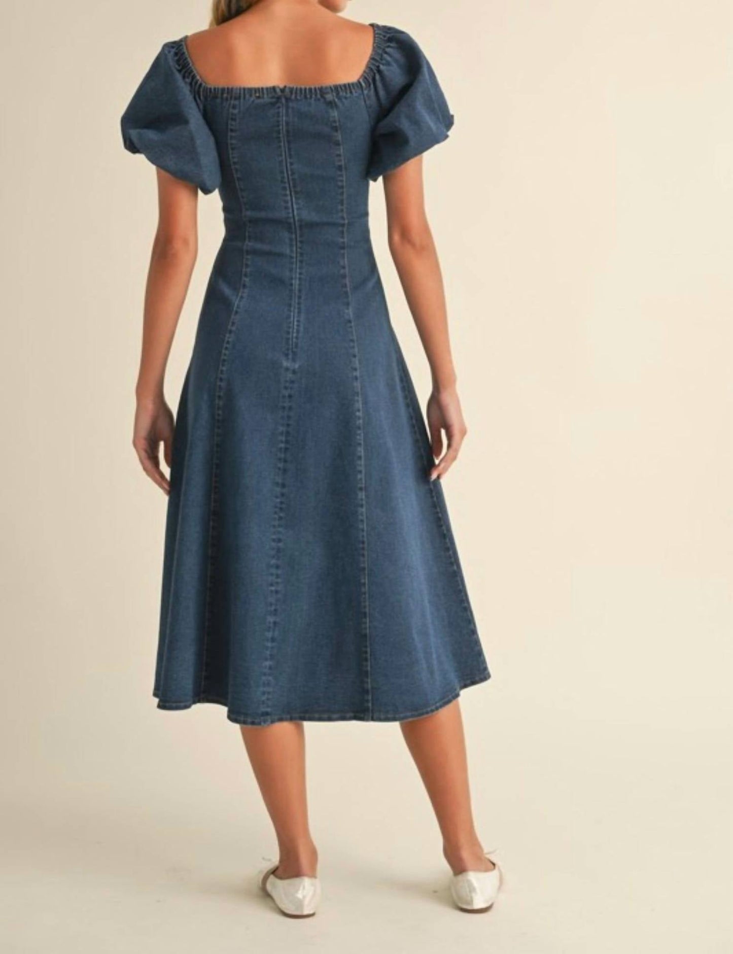 Klesis - Denim Puff Sleeve A-Line Midi Dress