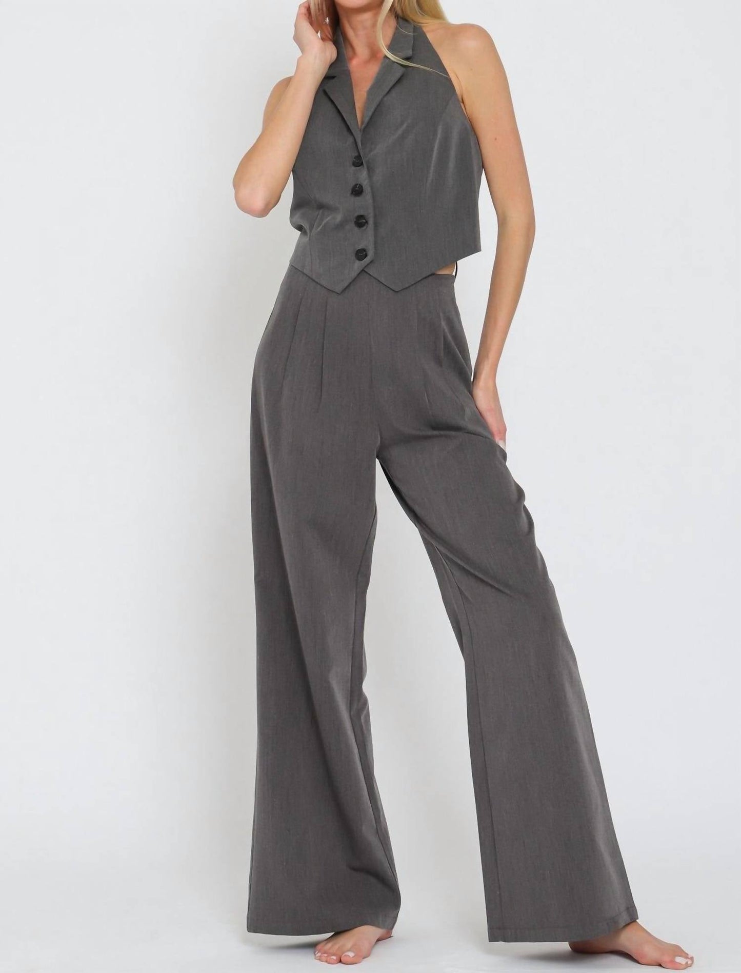 Aakaa - Halter Vest Top and High Waisted Long Pants Set