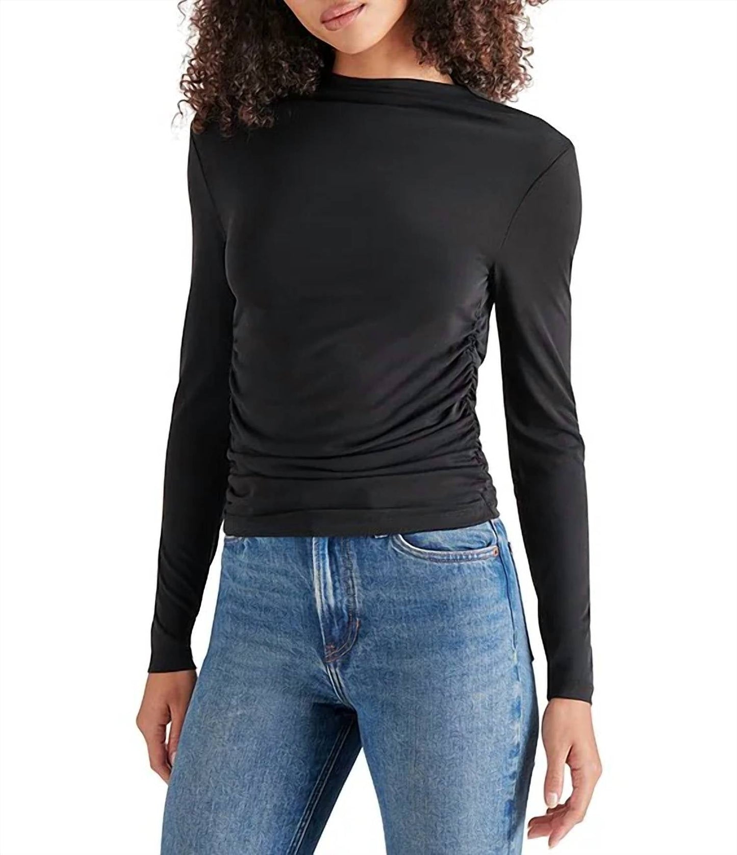 Steve Madden - Elvira Knit Jersey Drape Neck Long Sleeve Ruched Top