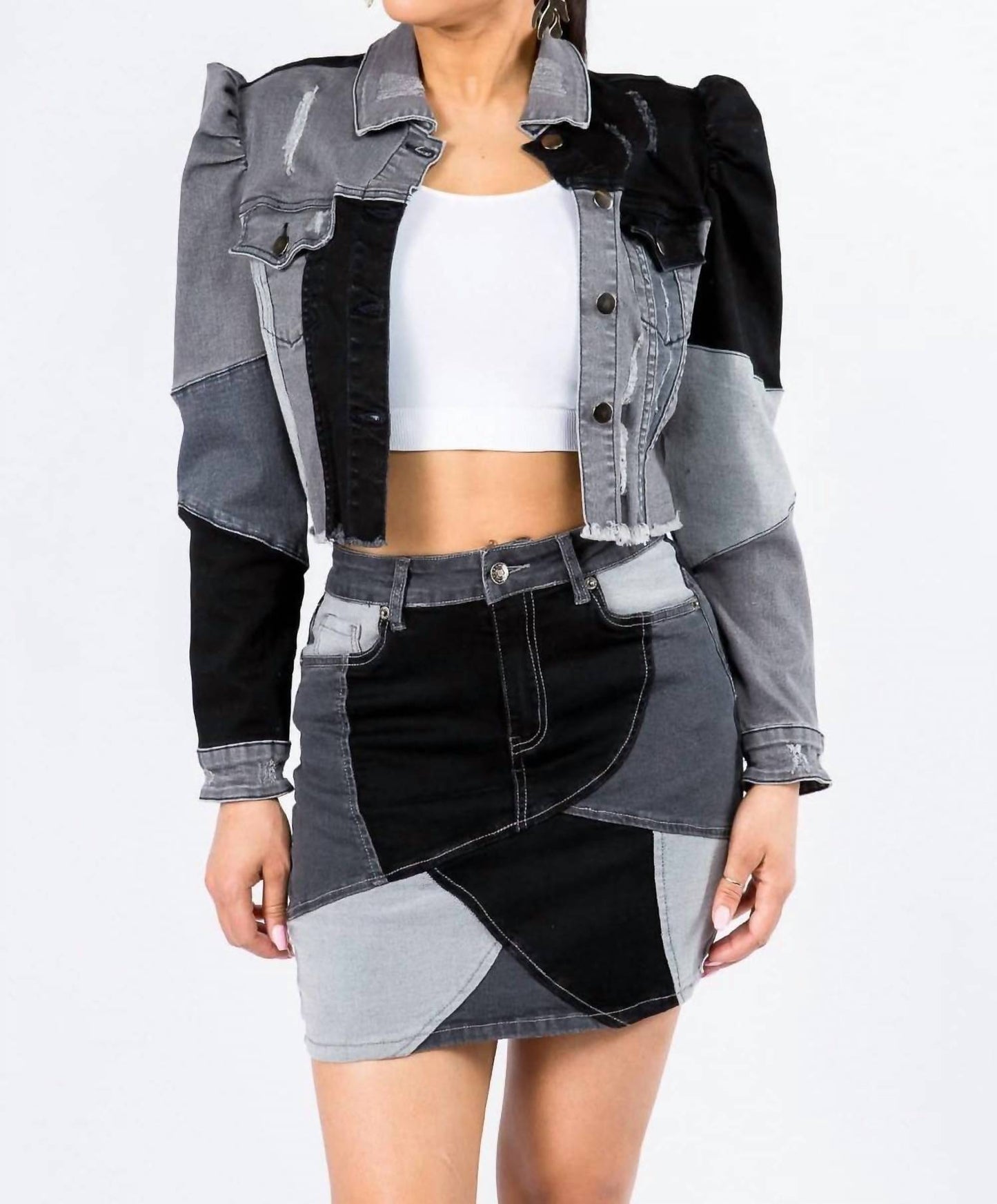 American Bazi - Trendy Cropped Denim Jacket With Puff Sleeves