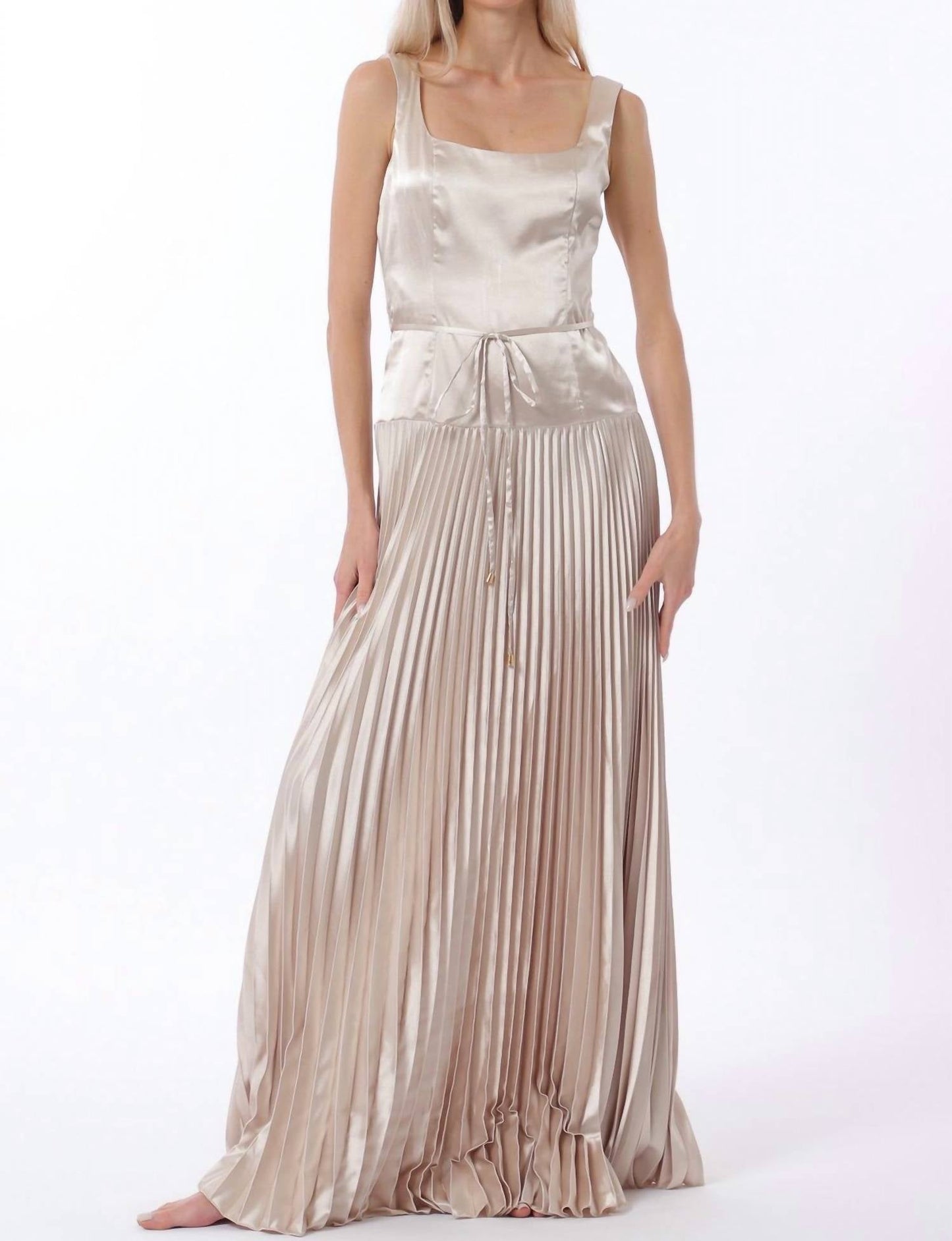 Aakaa - Sleeveless Tie Front Waisted Pleat Maxi Dress