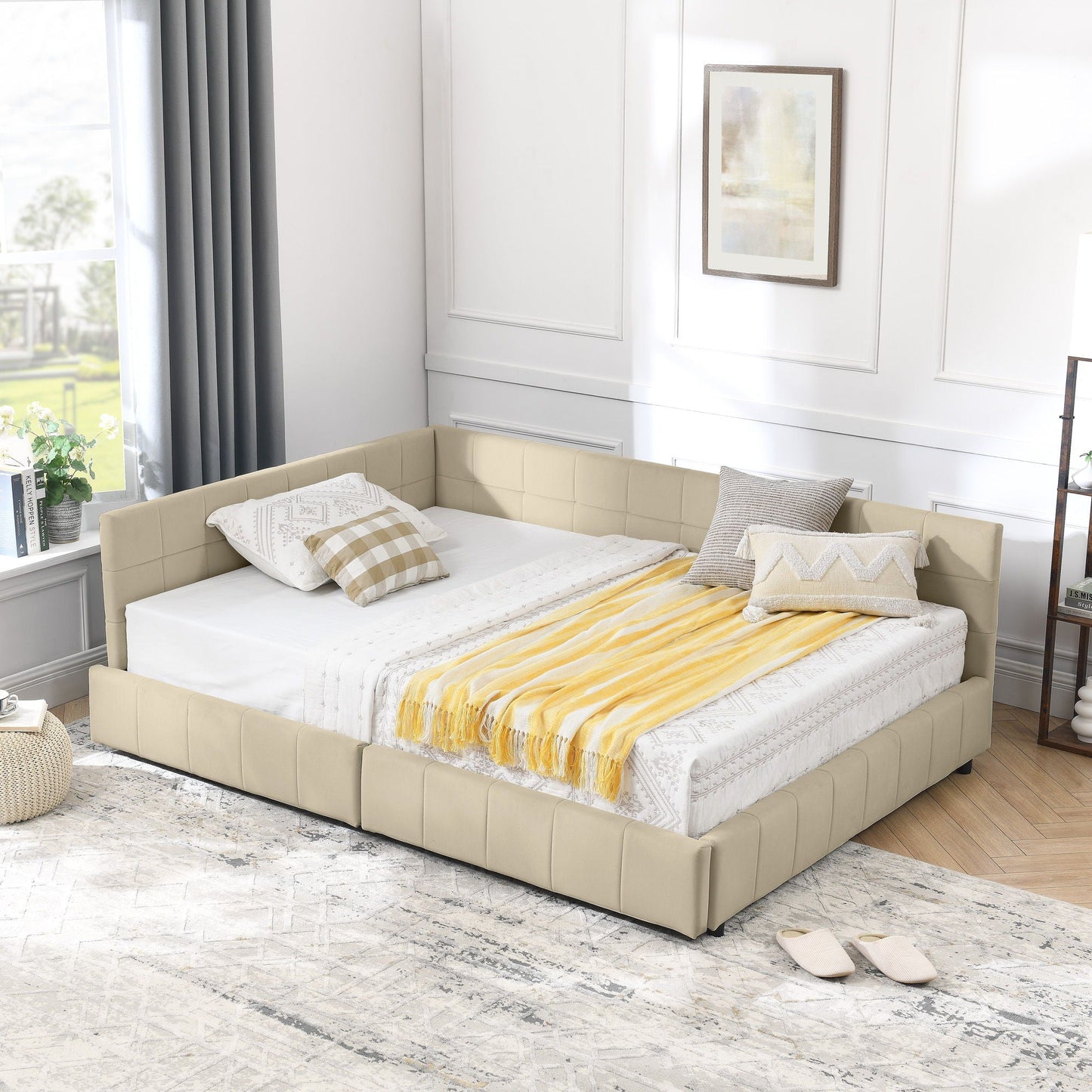 Mid-Century Storage Upholstered Tufted Bed Frame with Backrest and Armrests