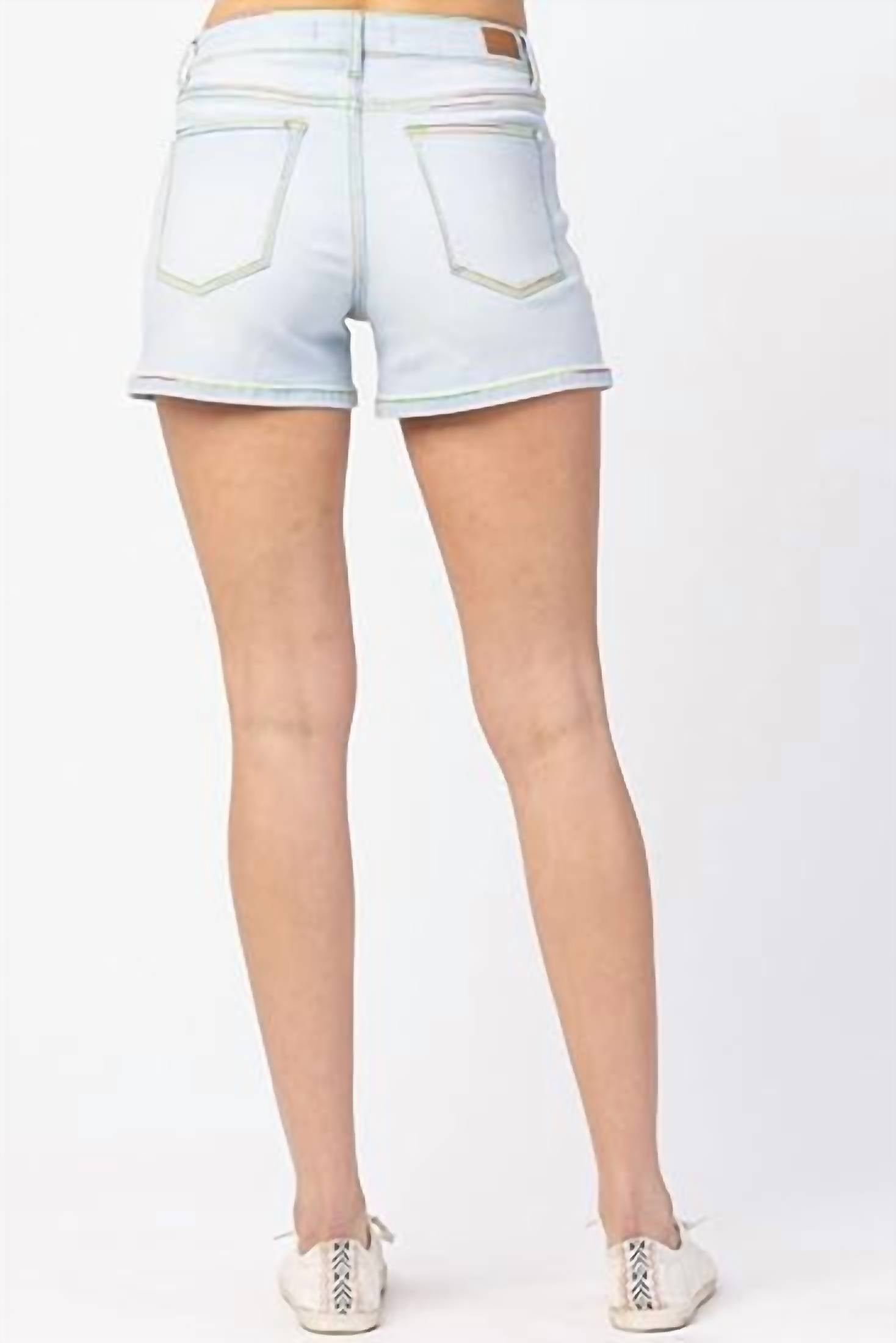 judy-blue-denim-shorts-with-colorful-stitching