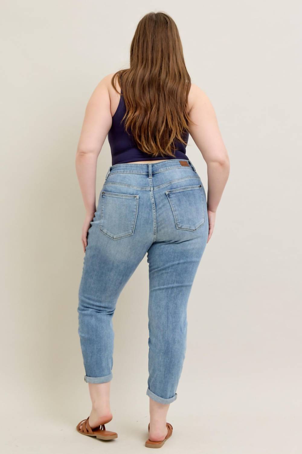 Judy Blue - Mid Rise Bleach Wash Cuffed Boyfriend Denim Jeans - Plus Size