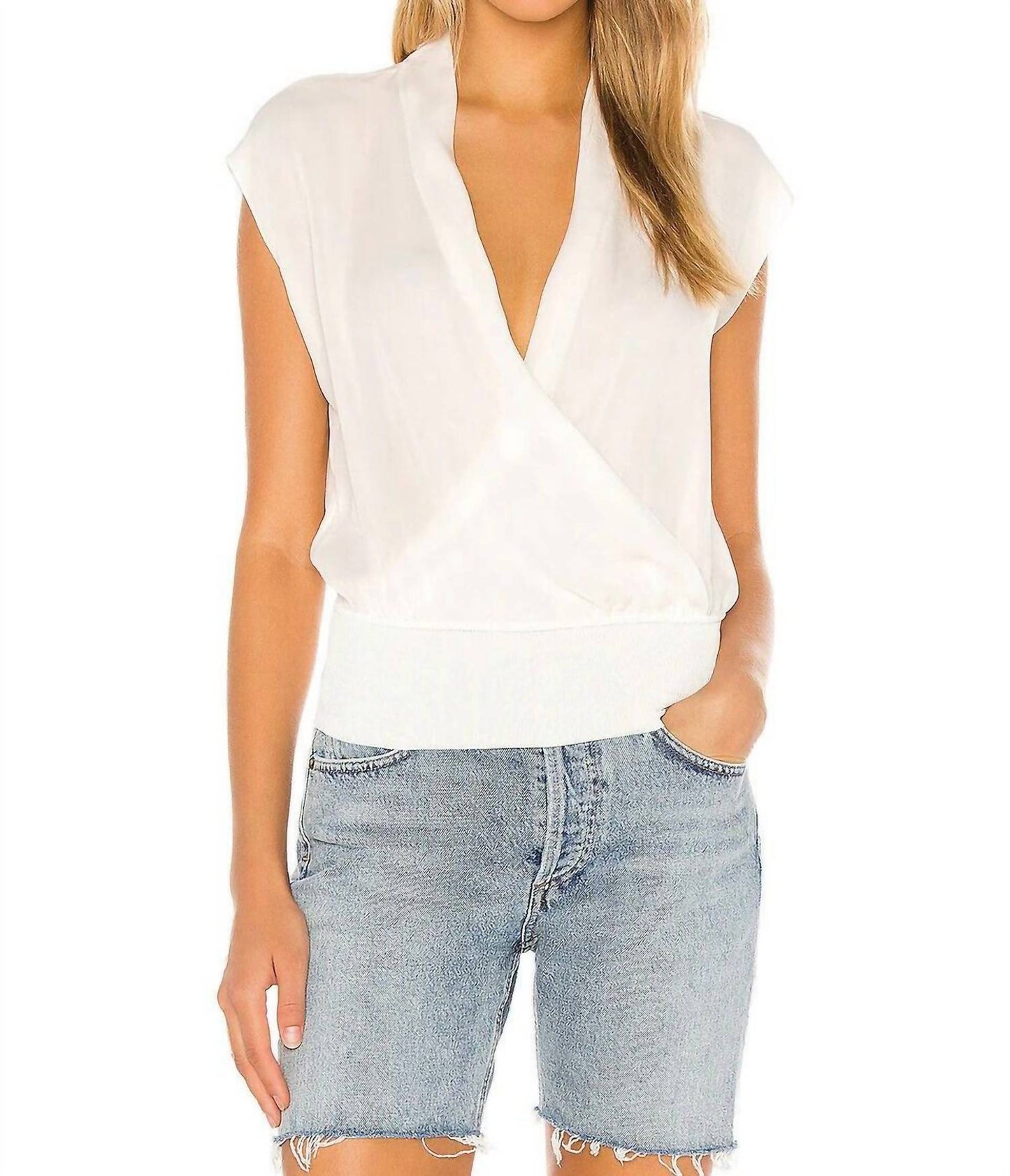Theory - Draped Combo V Neck Silk Sleeveless Blouse
