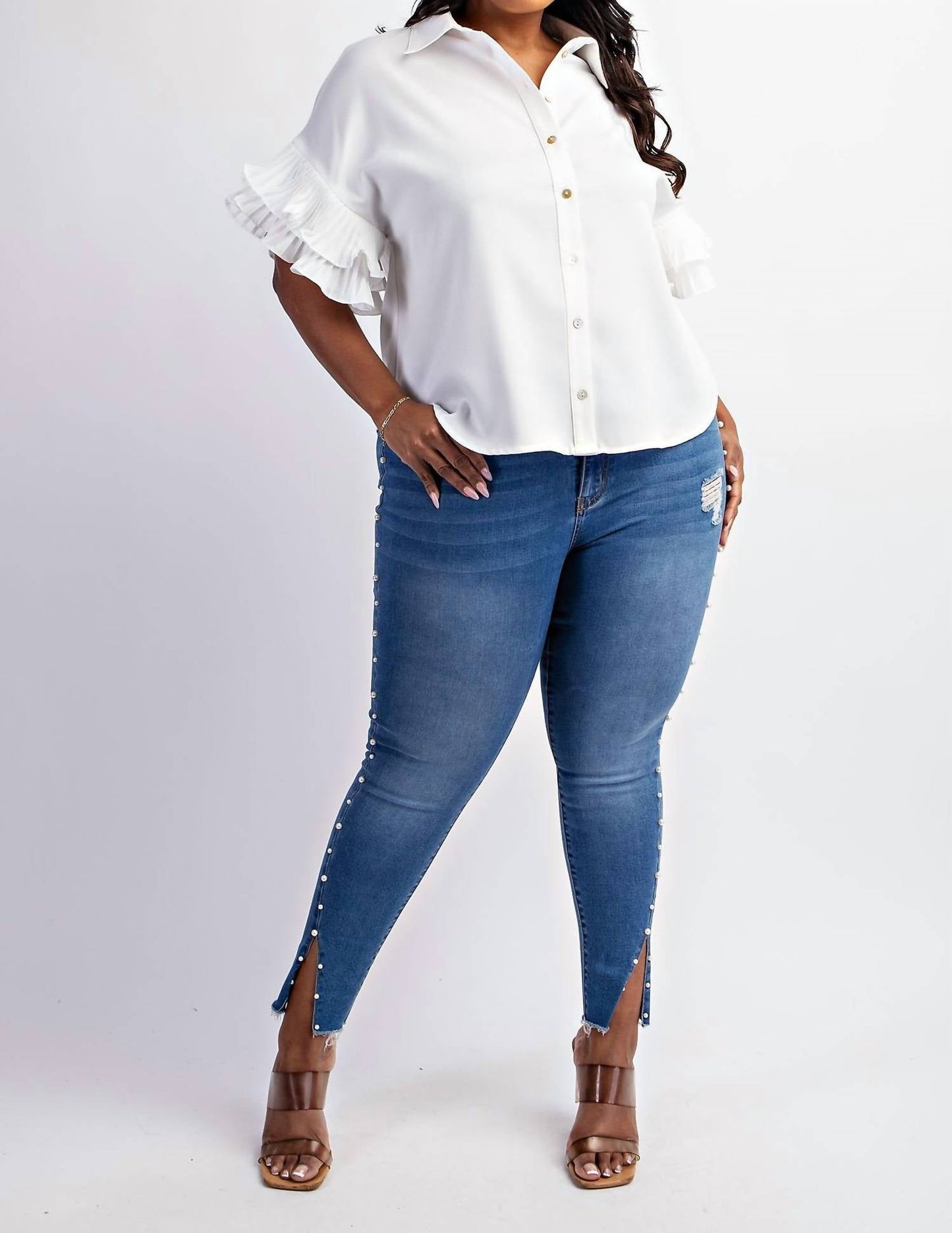 The Curve La - Plus Size Pleated Ruffle Sleeve Shirt Top