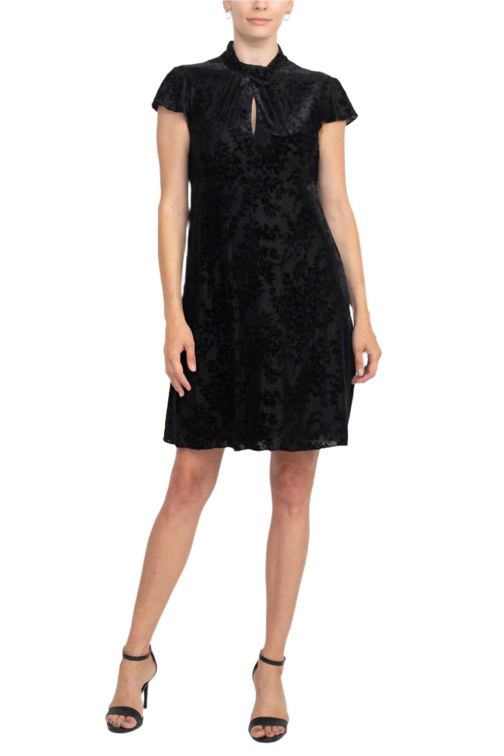 Adrianna Papell - Cap Flare Sleeves Velvet Short Dress