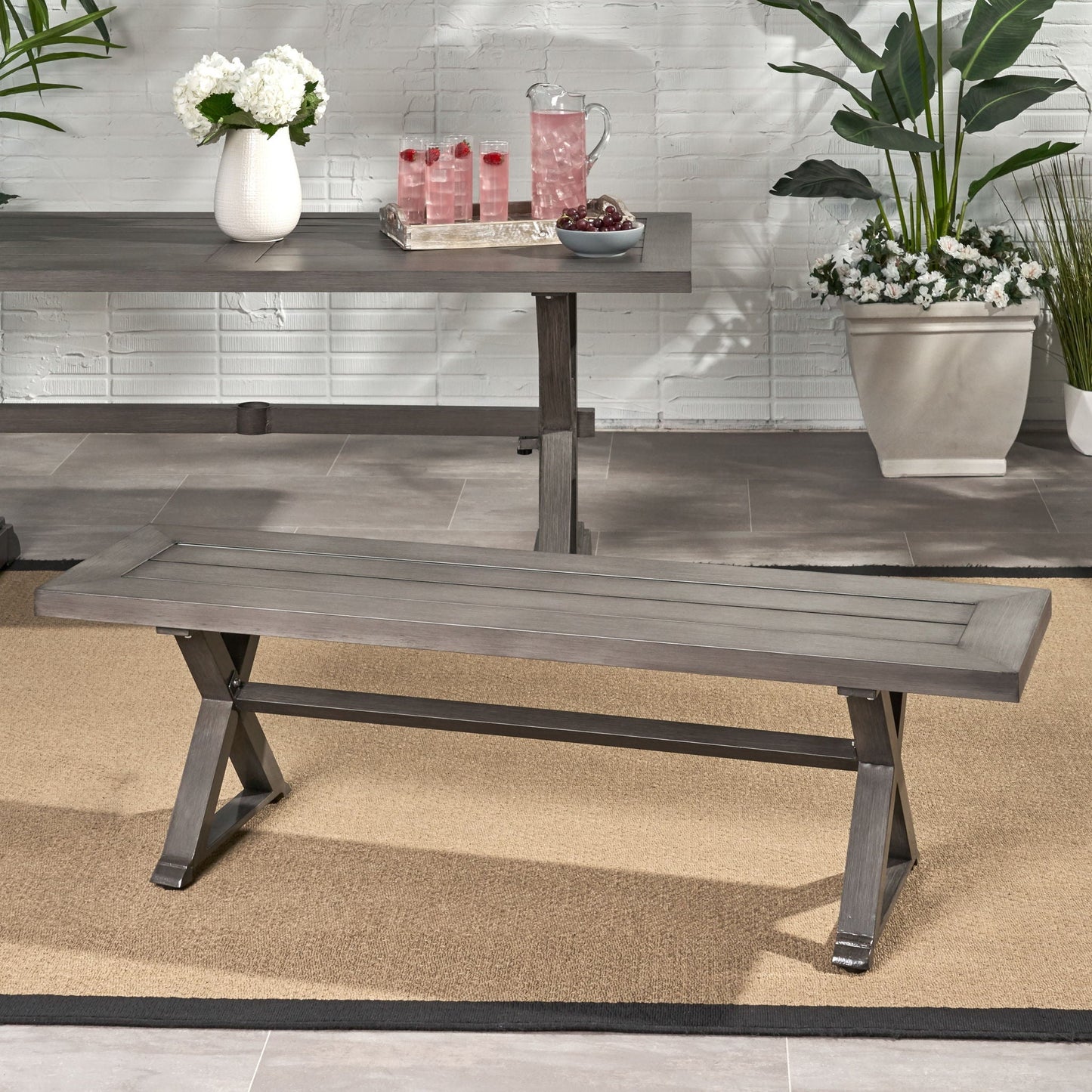 Modern Aluminum Outdoor Dining Bench With X Base - Dark Gray