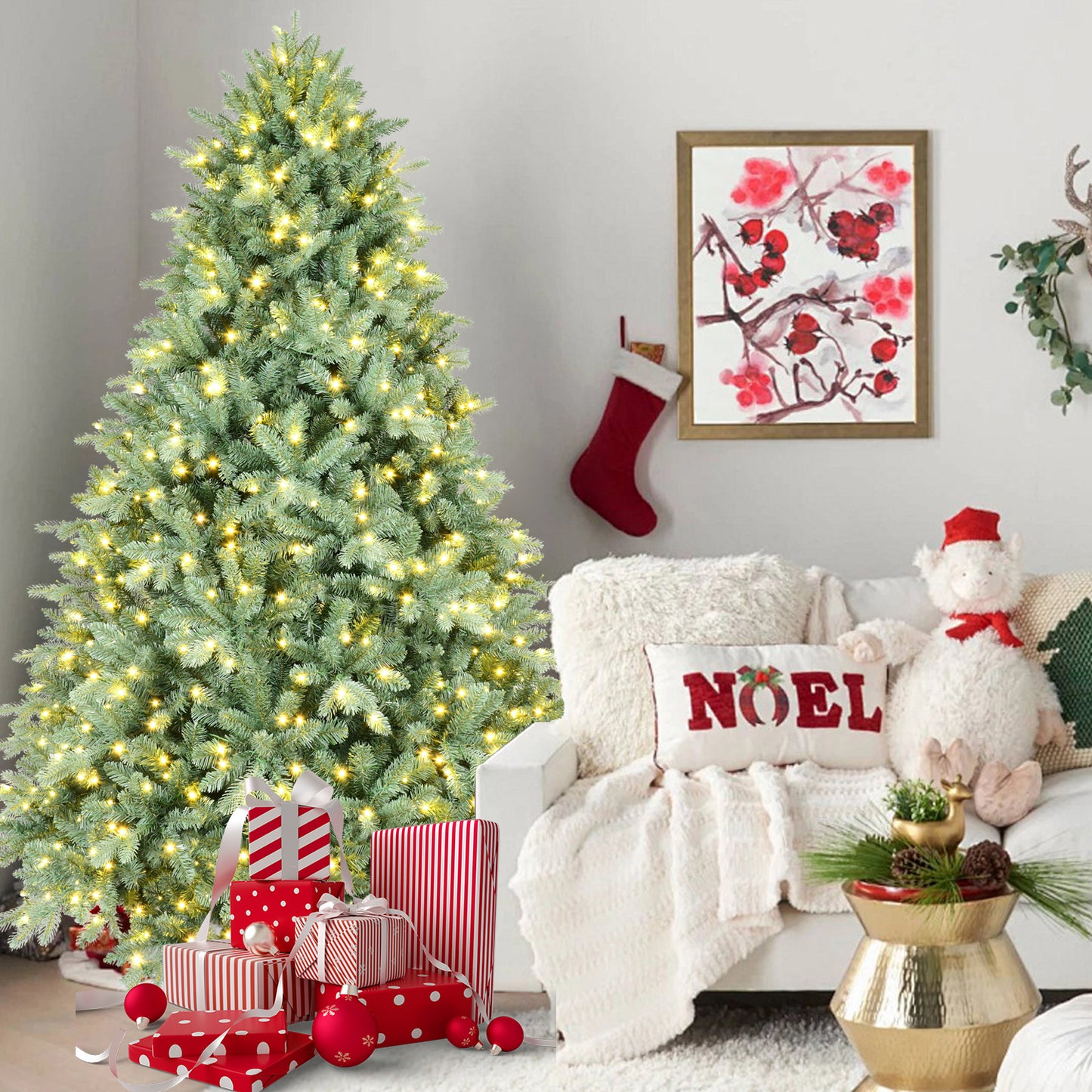 7.5FT Blue-Green Tint Pre-Lit Christmas Tree with 800 Warm White LED Lights –  Hinged Branches