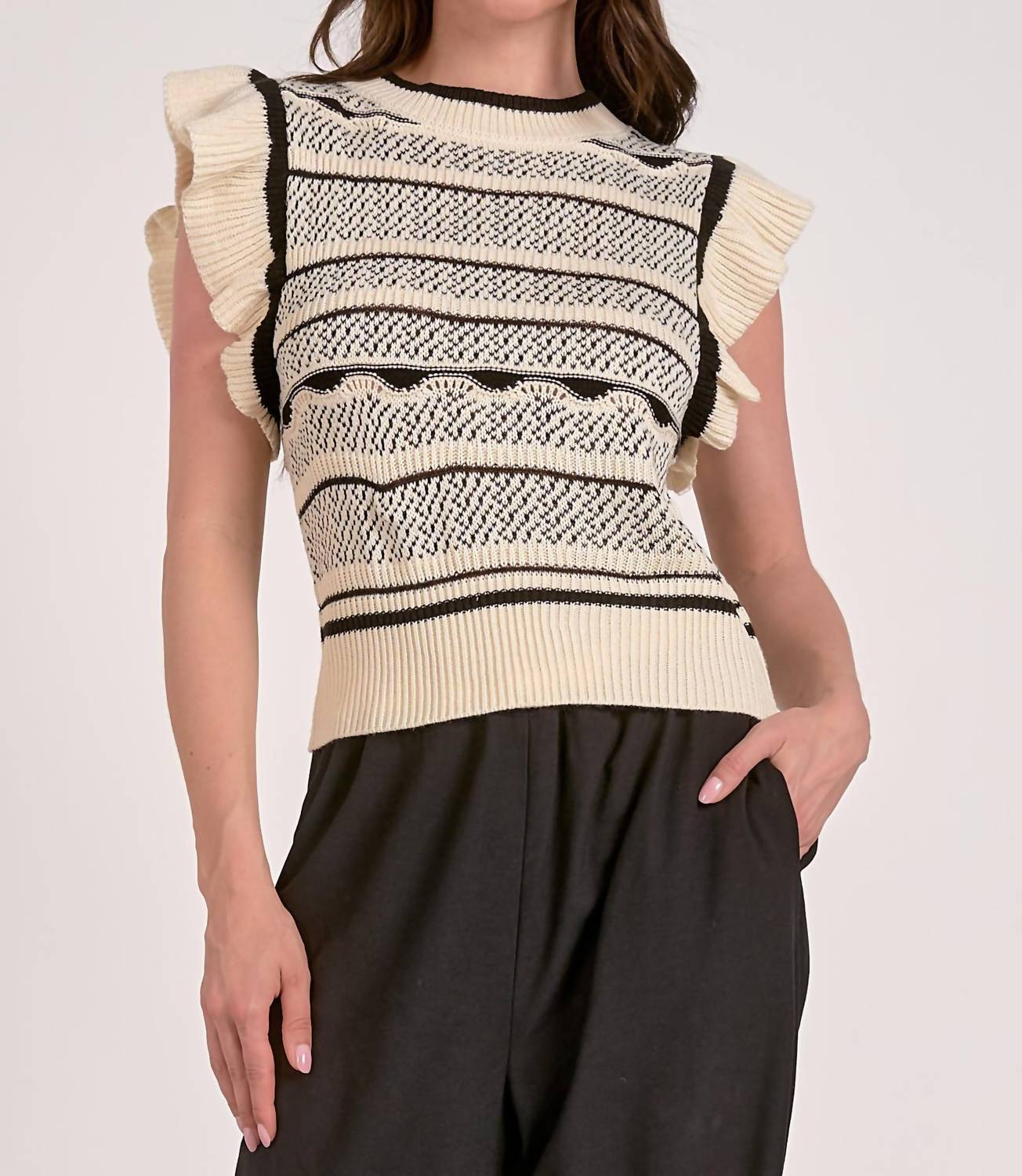 Elan - Flutter Sleeve Crew Neck Sweater Top