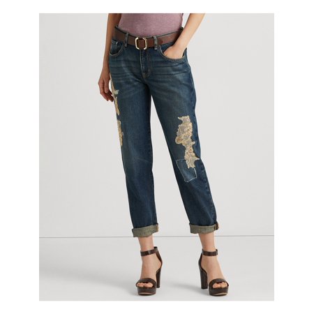 LAUREN RALPH LAUREN Womens Navy Stretch Embellished Zippered Relaxed Pocketed Taper Jeans 14